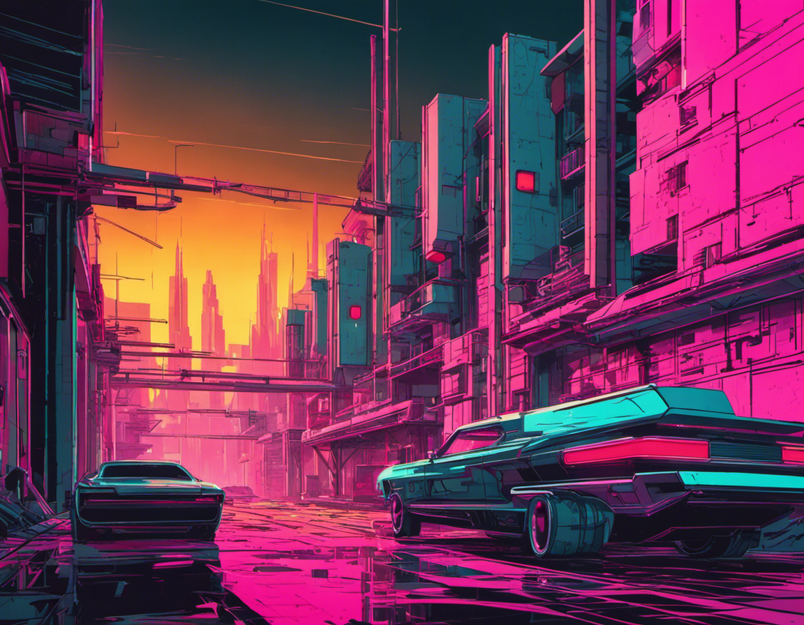Neon punk vibes, rosy cityscape – Poster