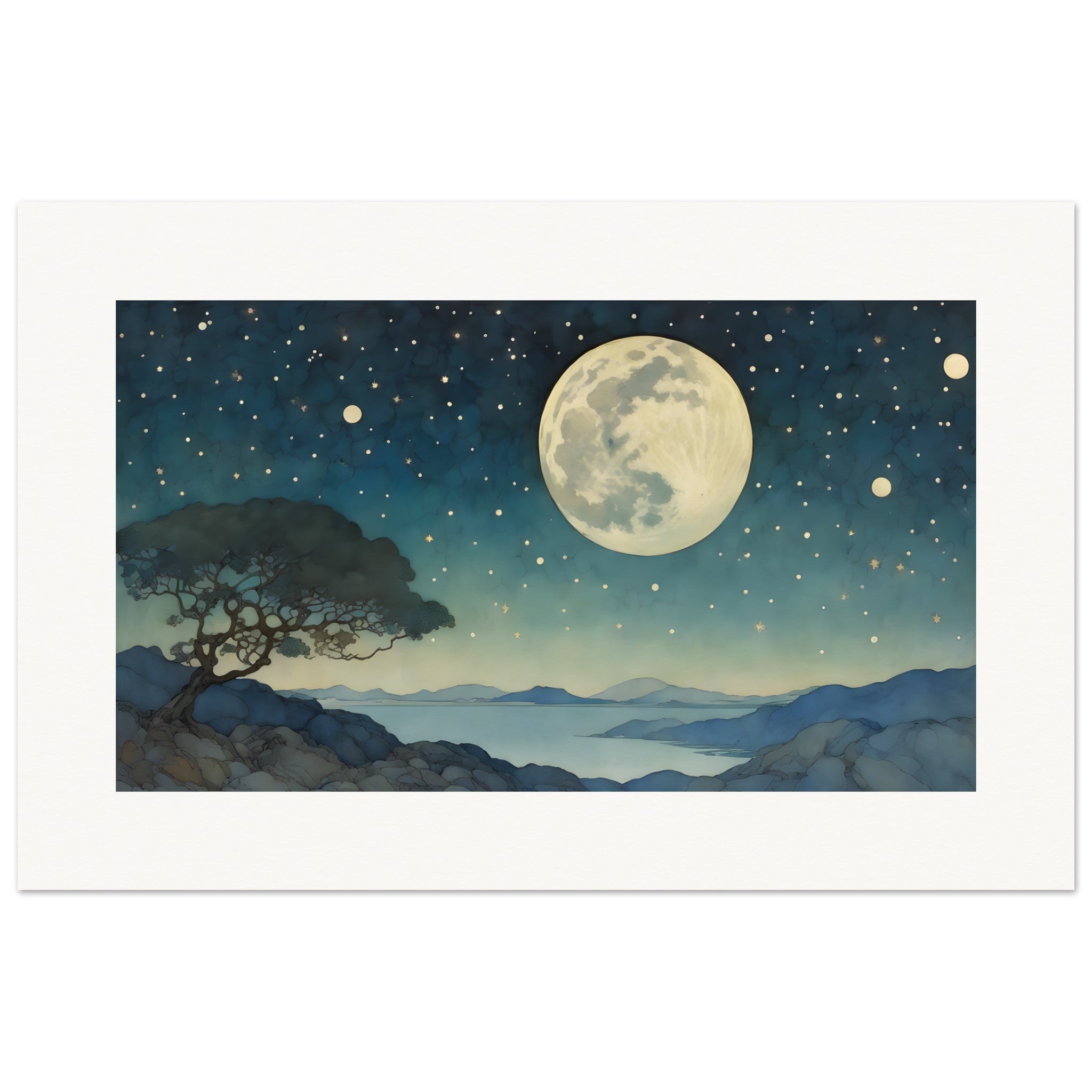 Enchanting illustration, Moon and starry sky - Poster