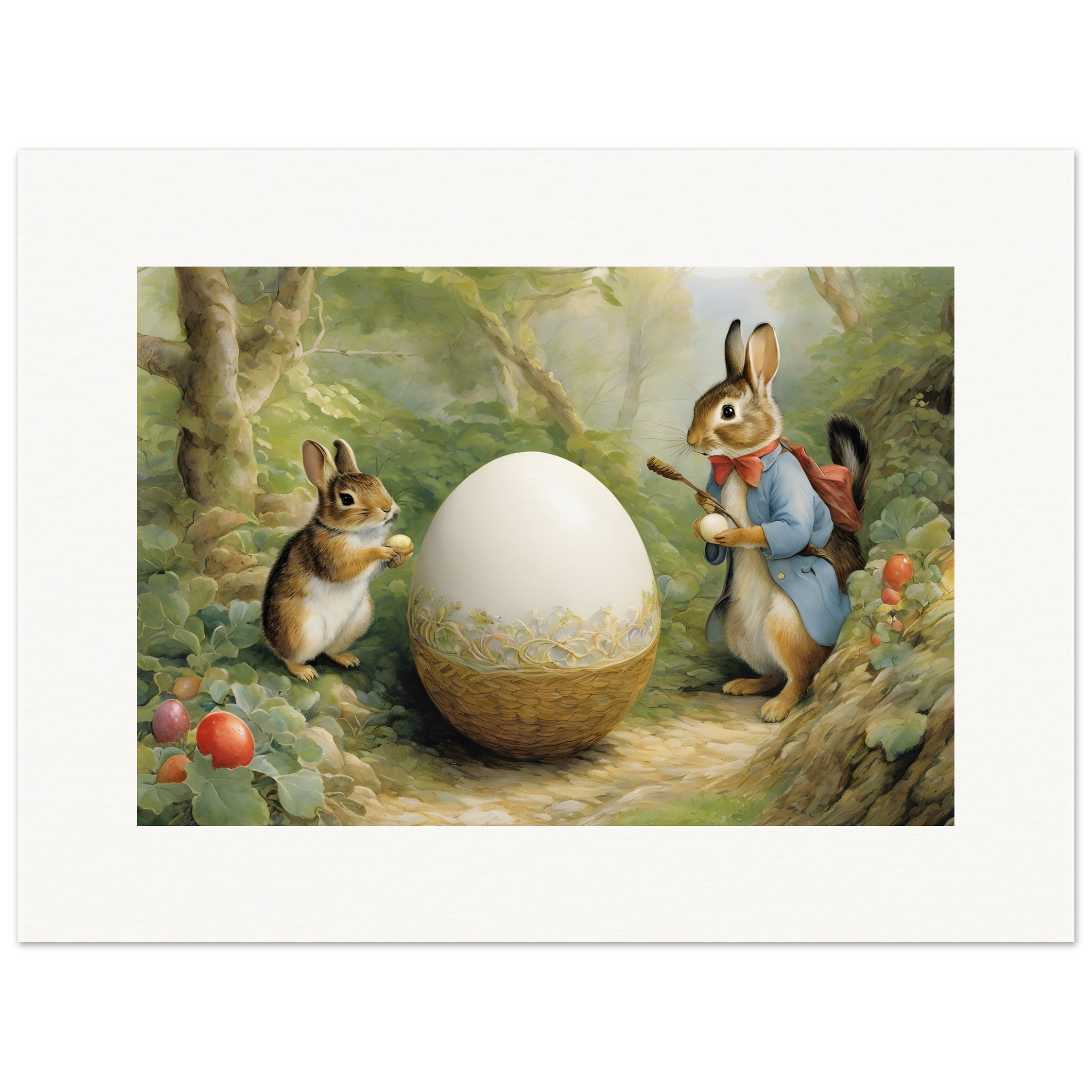 Easter poster, charming tales, delicate British watercolors, Rabbits and Egg