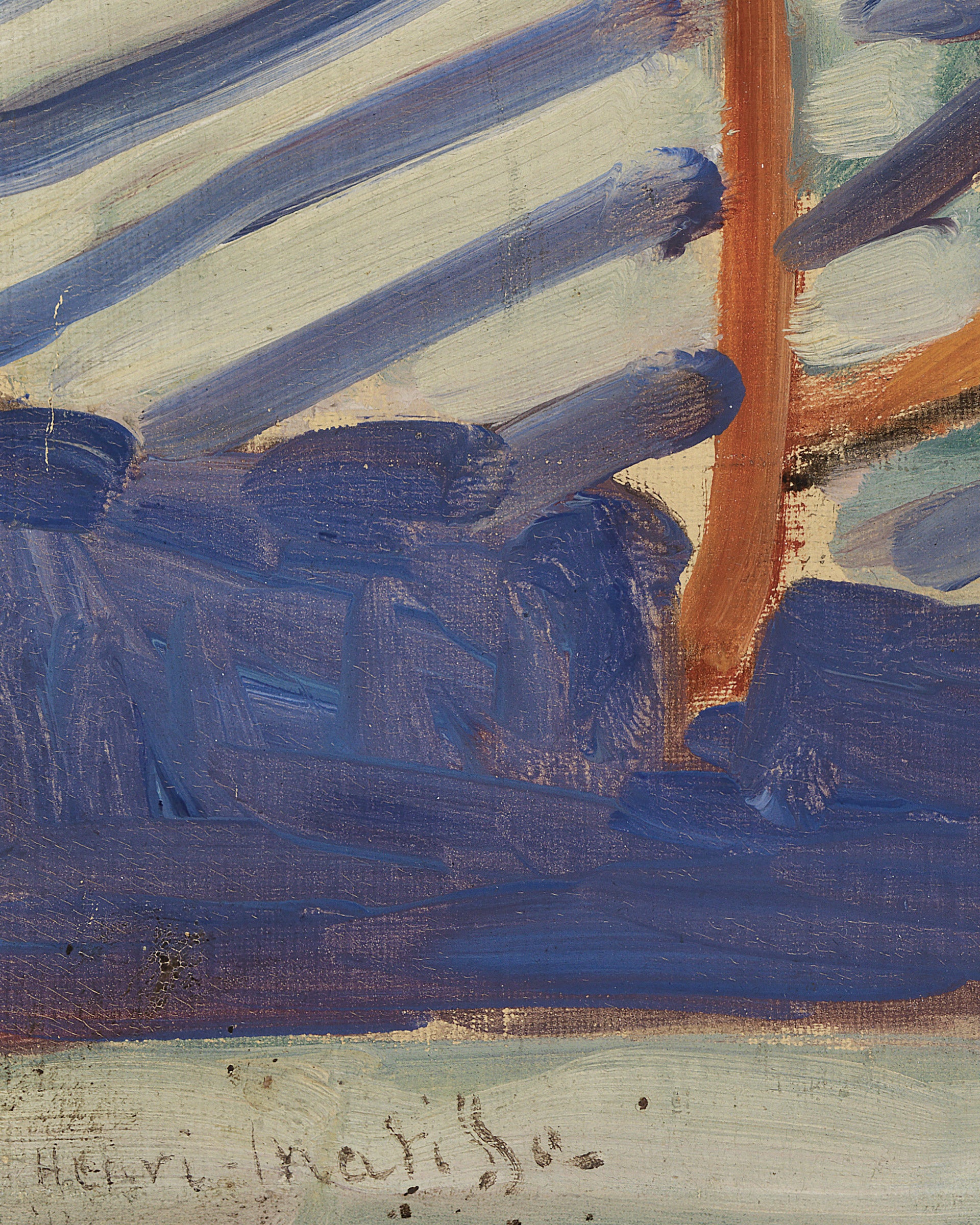 An abstract oil painting detail featuring thick brushstrokes of deep blue, slate gray, and a warm terracotta orange vertical stroke on a light cream background. A handwritten "Henri Matisse" signature is visible in the bottom-left corner.