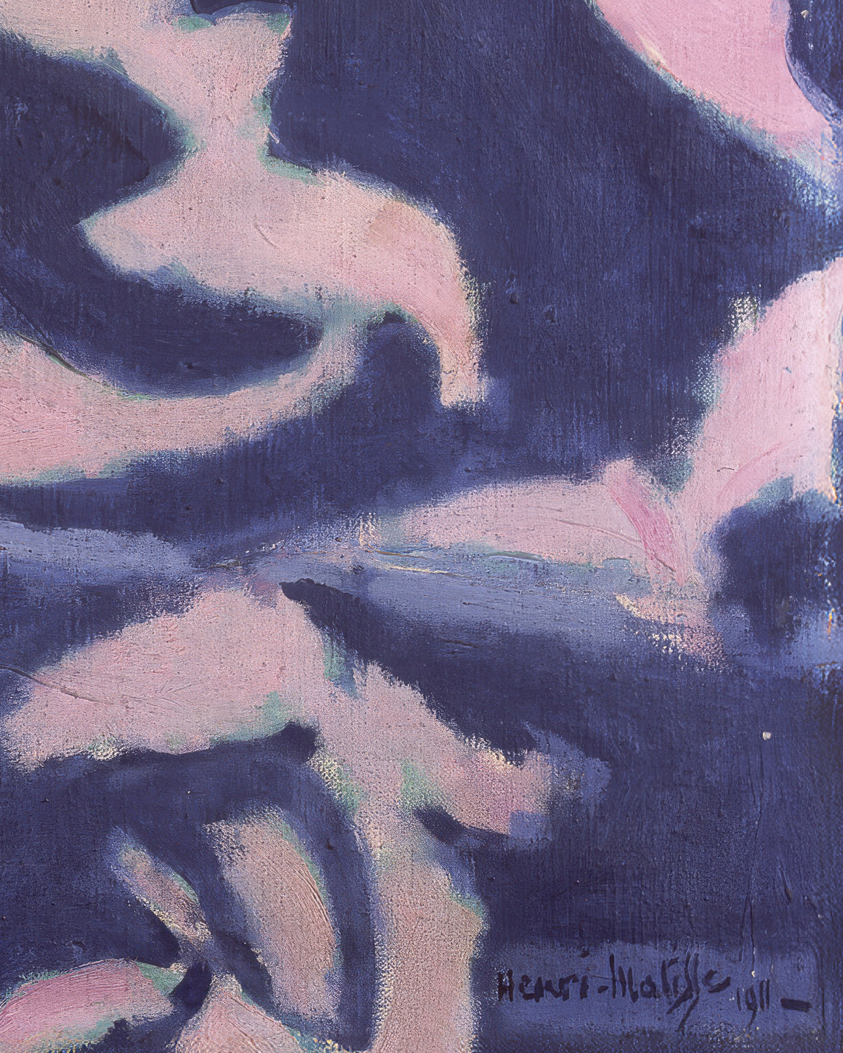 A painting by Henri Matisse from 1911, featuring expressive brushstrokes in deep navy blue and soft pink, with the artist's signature and year '1911' in the lower right corner.