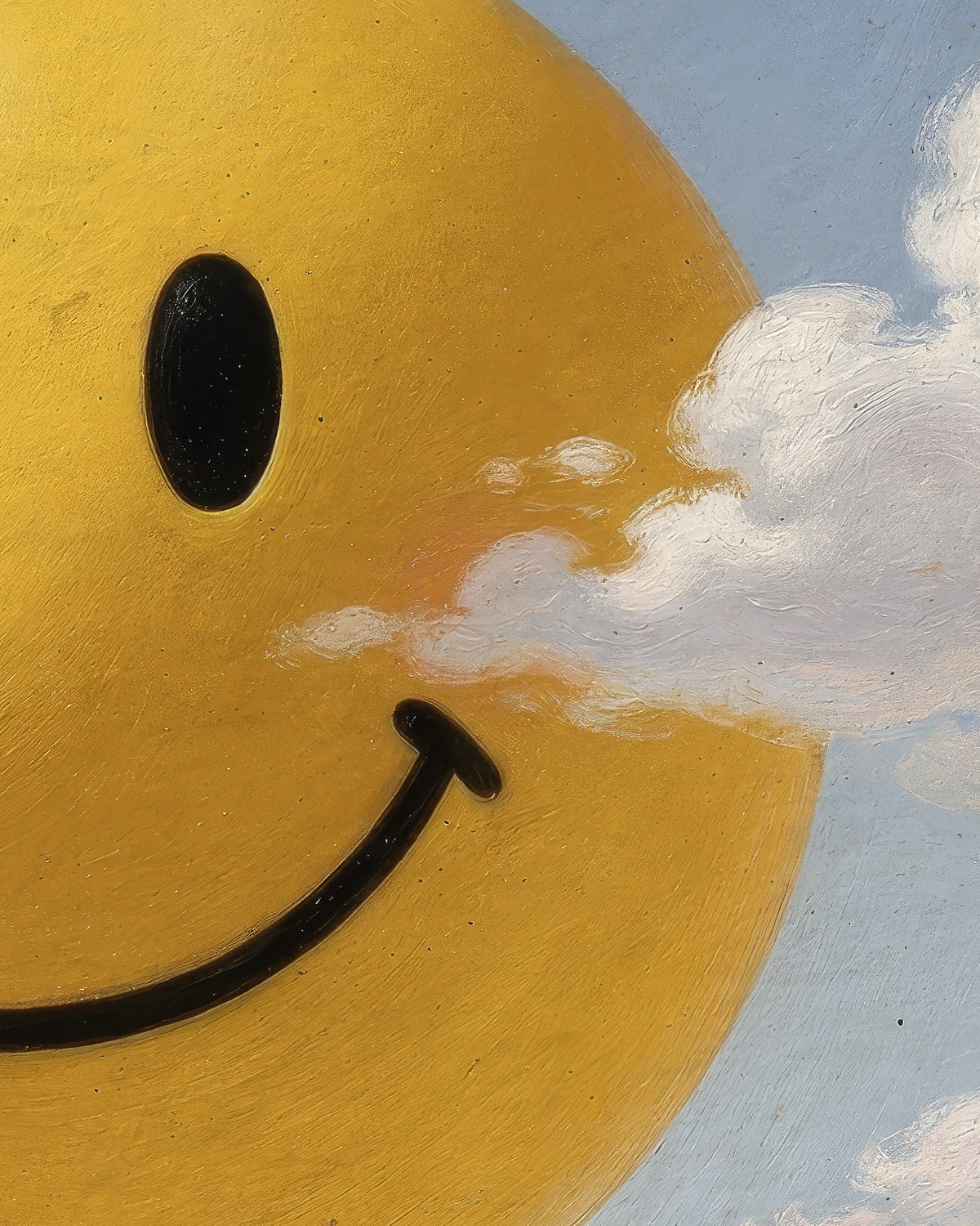 A close-up of a yellow smiley face painting with a black oval eye and curved black smile, exhaling white clouds against a light blue sky background.