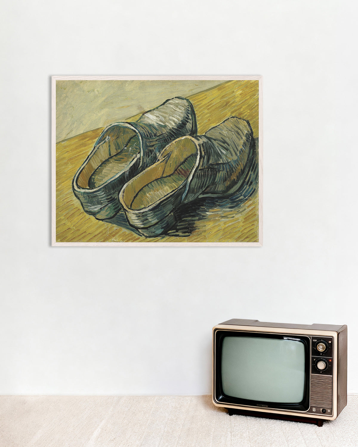 Poster of A Pair of Leather Clogs (1888) by Vincent van Gogh, with white wooden frame
