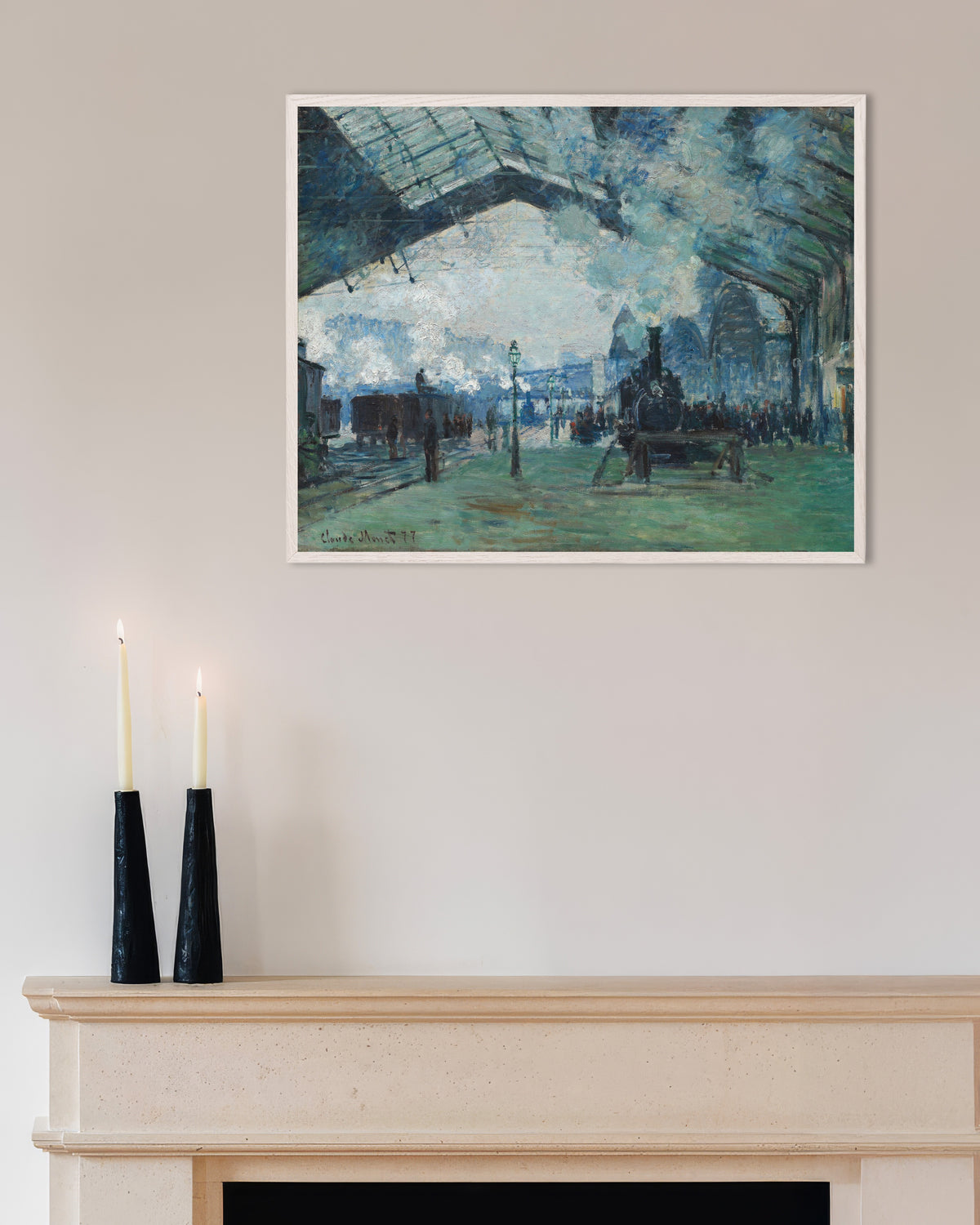 Poster of Arrival of the Normandy Train, Gare Saint-Lazare (1877) by Claude Monet, with white wooden frame