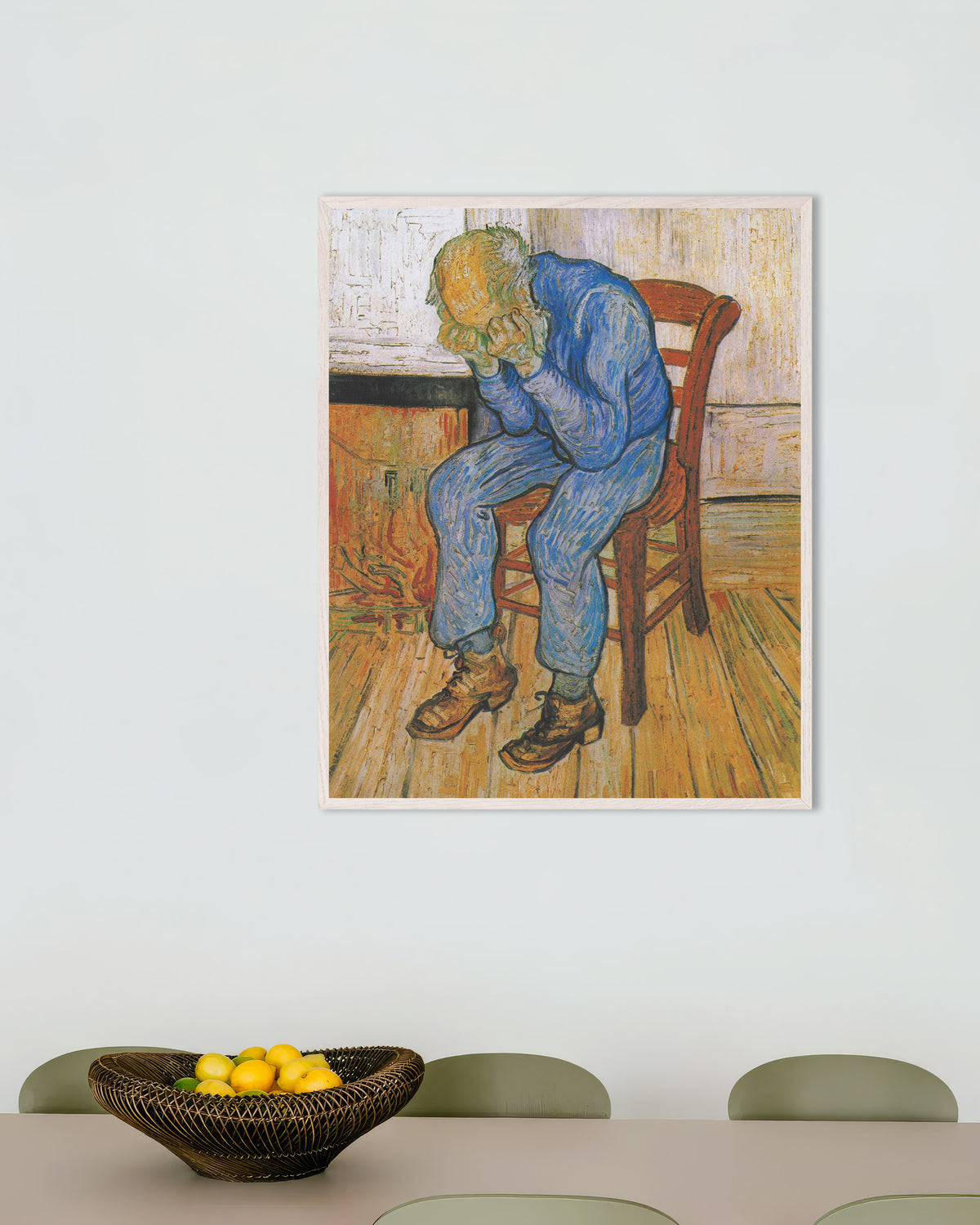 Poster of At Eternity's Gate (1890) by Vincent van Gogh, with white wooden frame