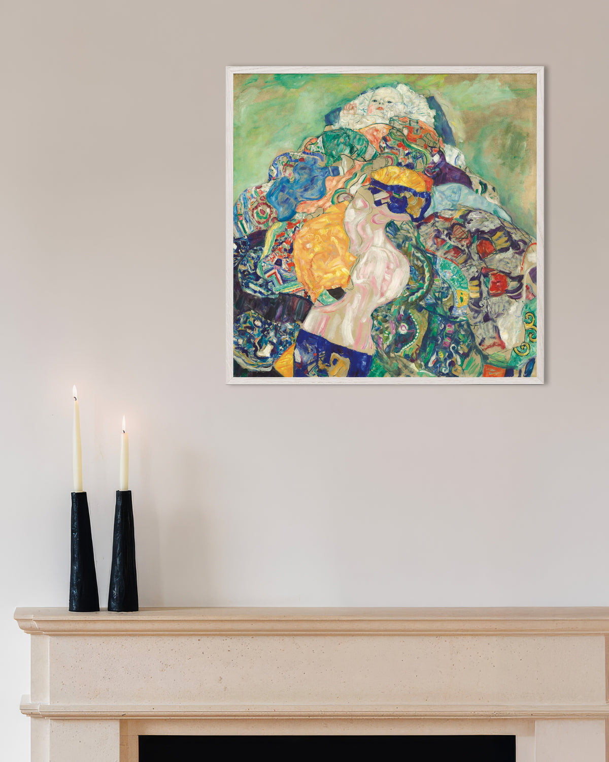 Poster of Baby (Cradle) (1917–1918) by Gustav Klimt, with white wooden frame