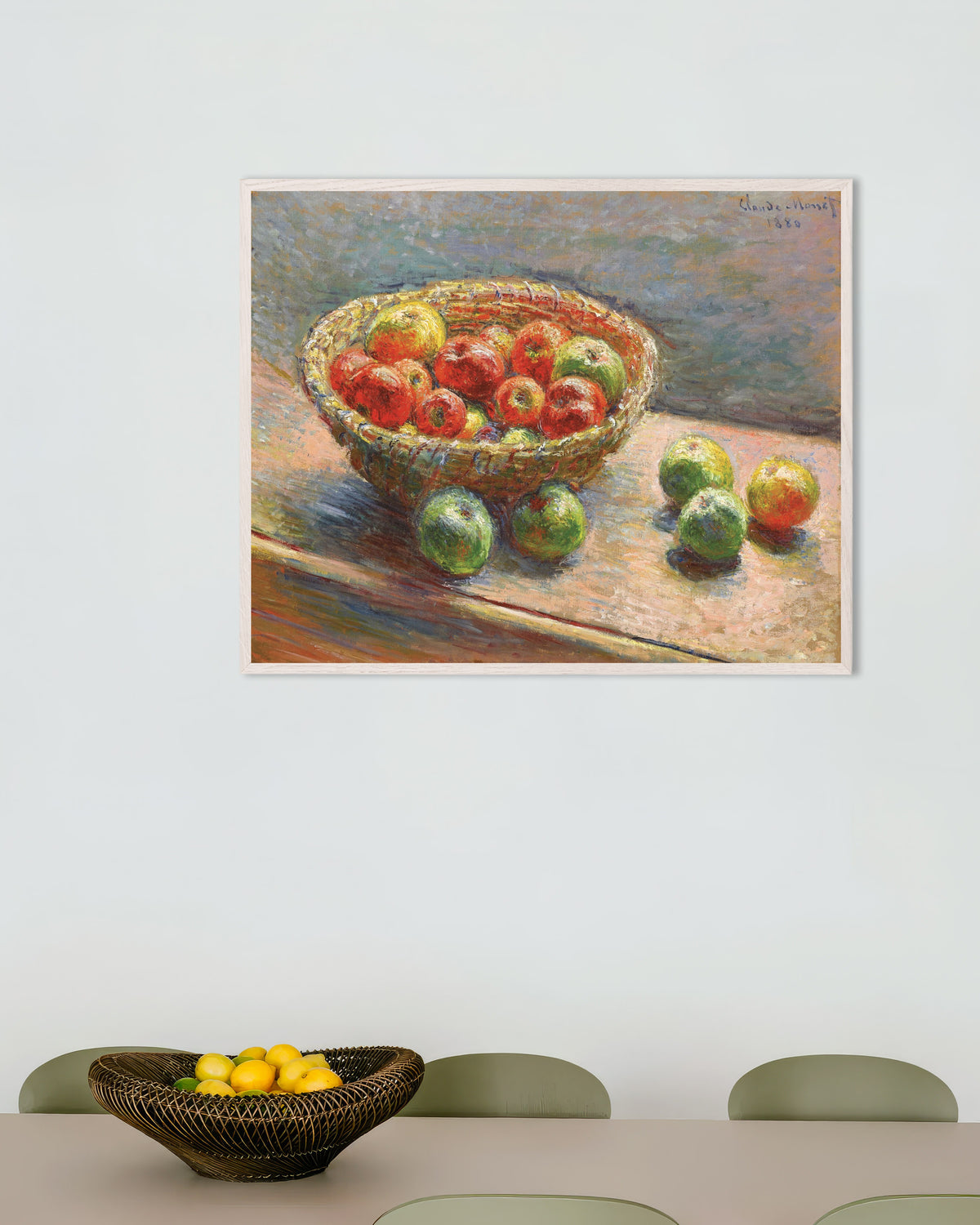 Poster of Basket of Apples (1880) by Claude Monet, with white wooden frame