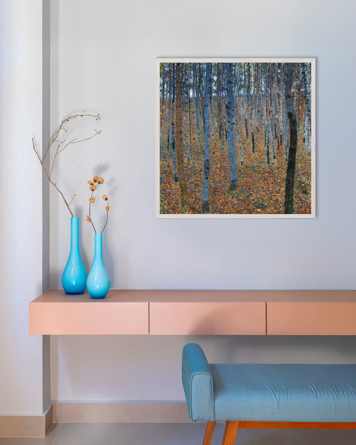 Poster of Beech Grove I (1902) by Gustav Klimt, with white wooden frame