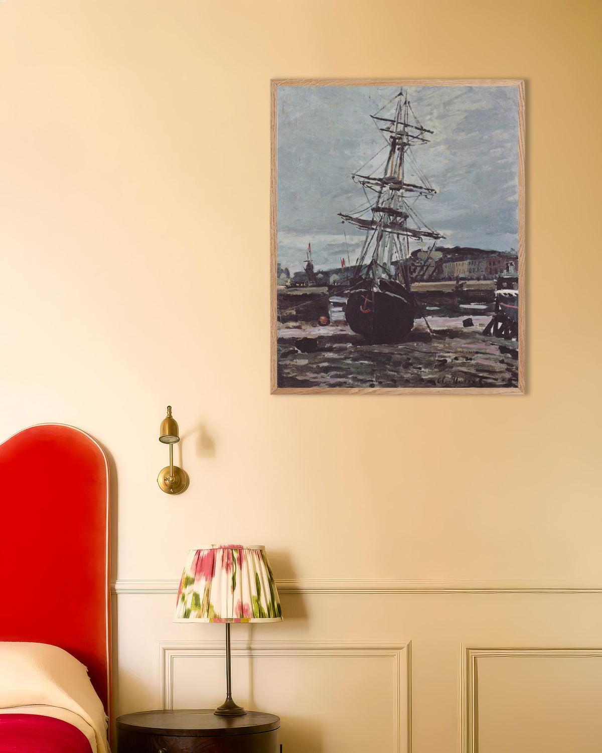 Poster of Boat Aground at Fécamp (1868) by Claude Monet, with natural wooden frame