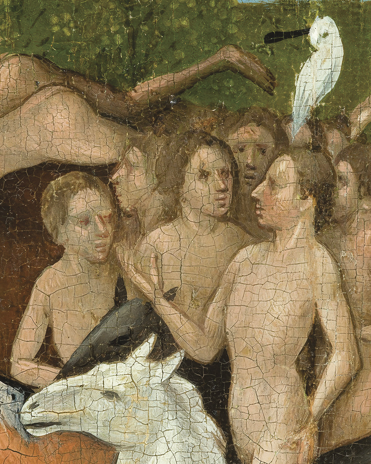 Close-up of the nude riders, one with a white bird on his head, from The Garden of Earthly Delights