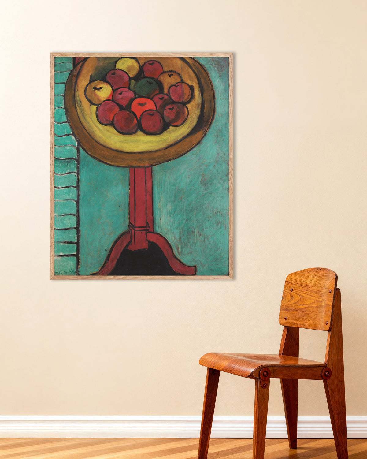 Poster of Bowl of Apples on a Table (1916) by Henri Matisse, with natural wooden frame