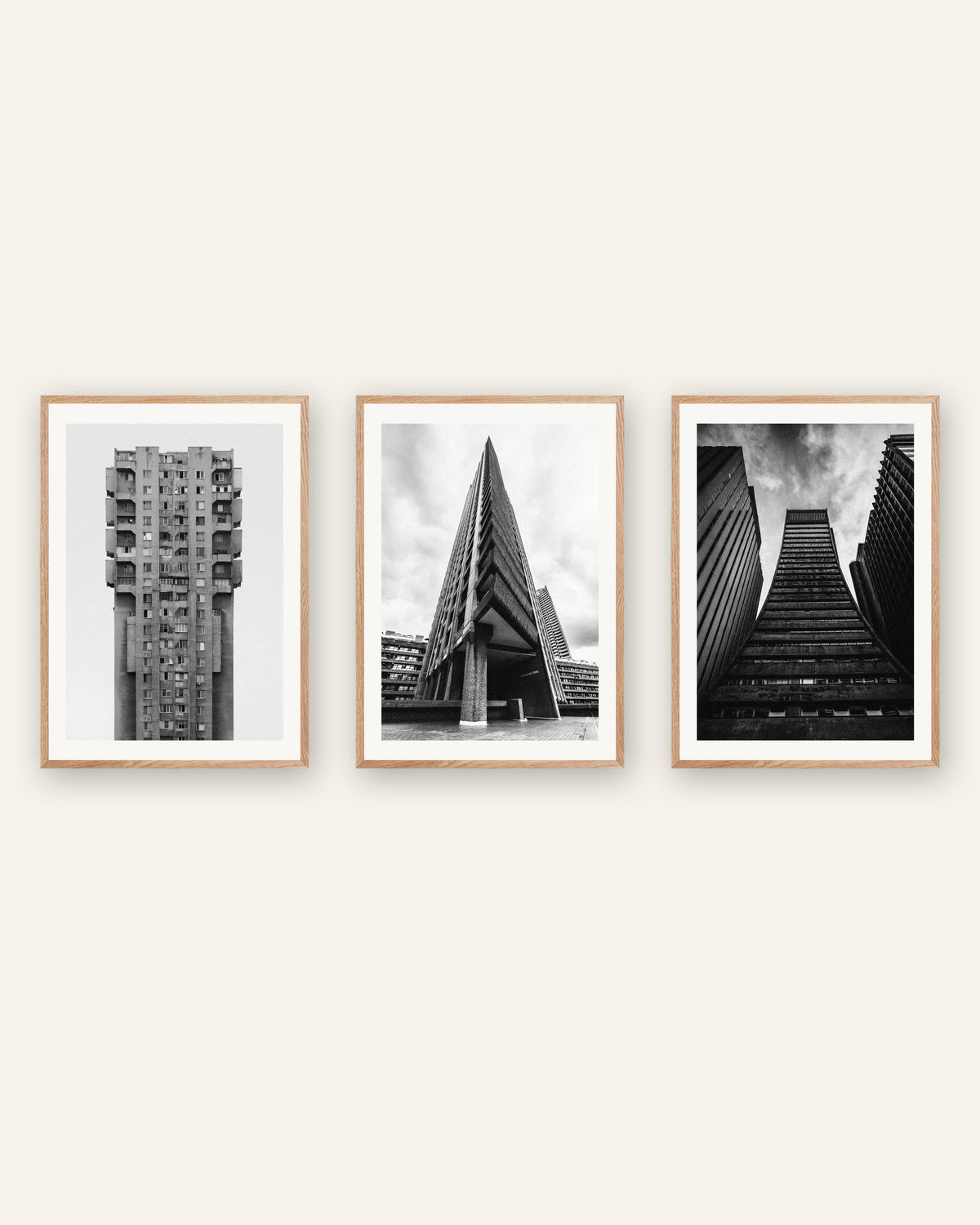 Brutalist Posters Set of 3 – Concrete Towers, prints in natural oak frames