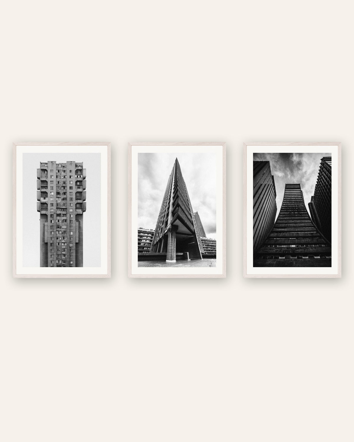 Brutalist Posters Set of 3 – Concrete Towers, prints in white oak frames