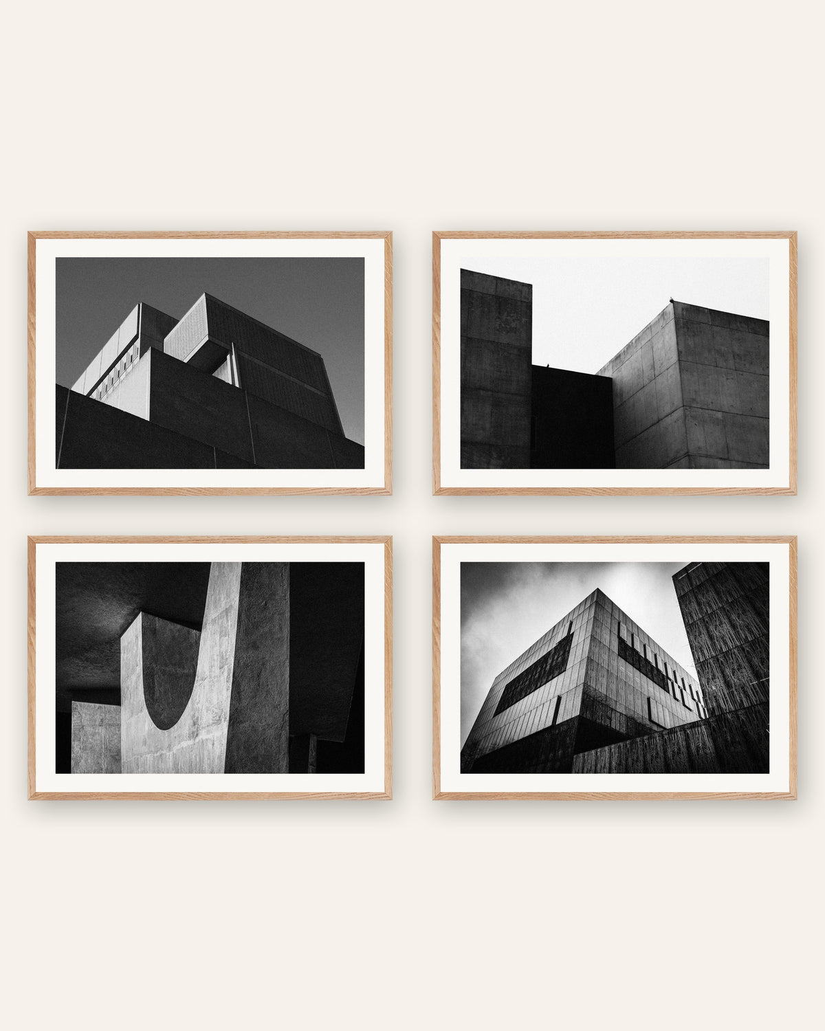 Brutalist Posters Set of 4 – Minimal Concrete Volumes, prints in natural oak frames