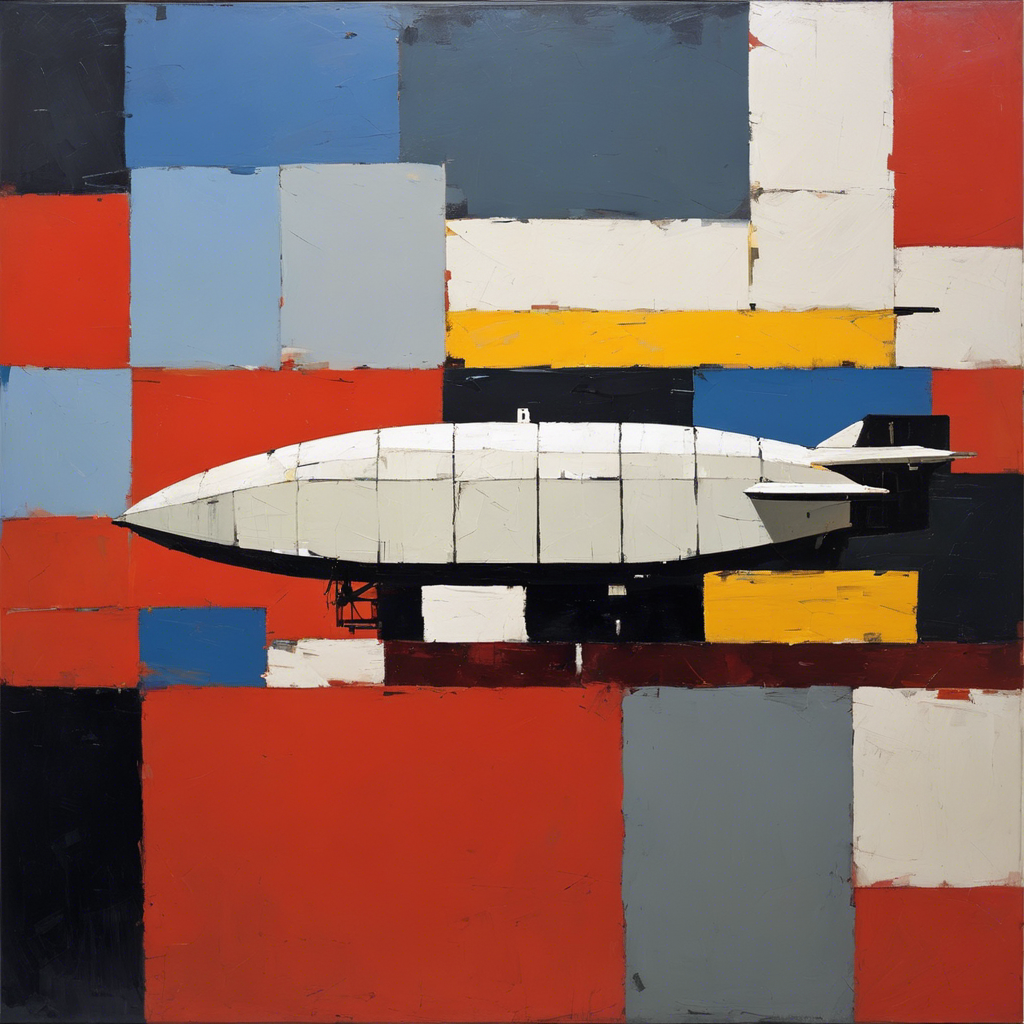 Figurative abstraction featuring bold, chunky geometric forms and a zeppelin – Poster