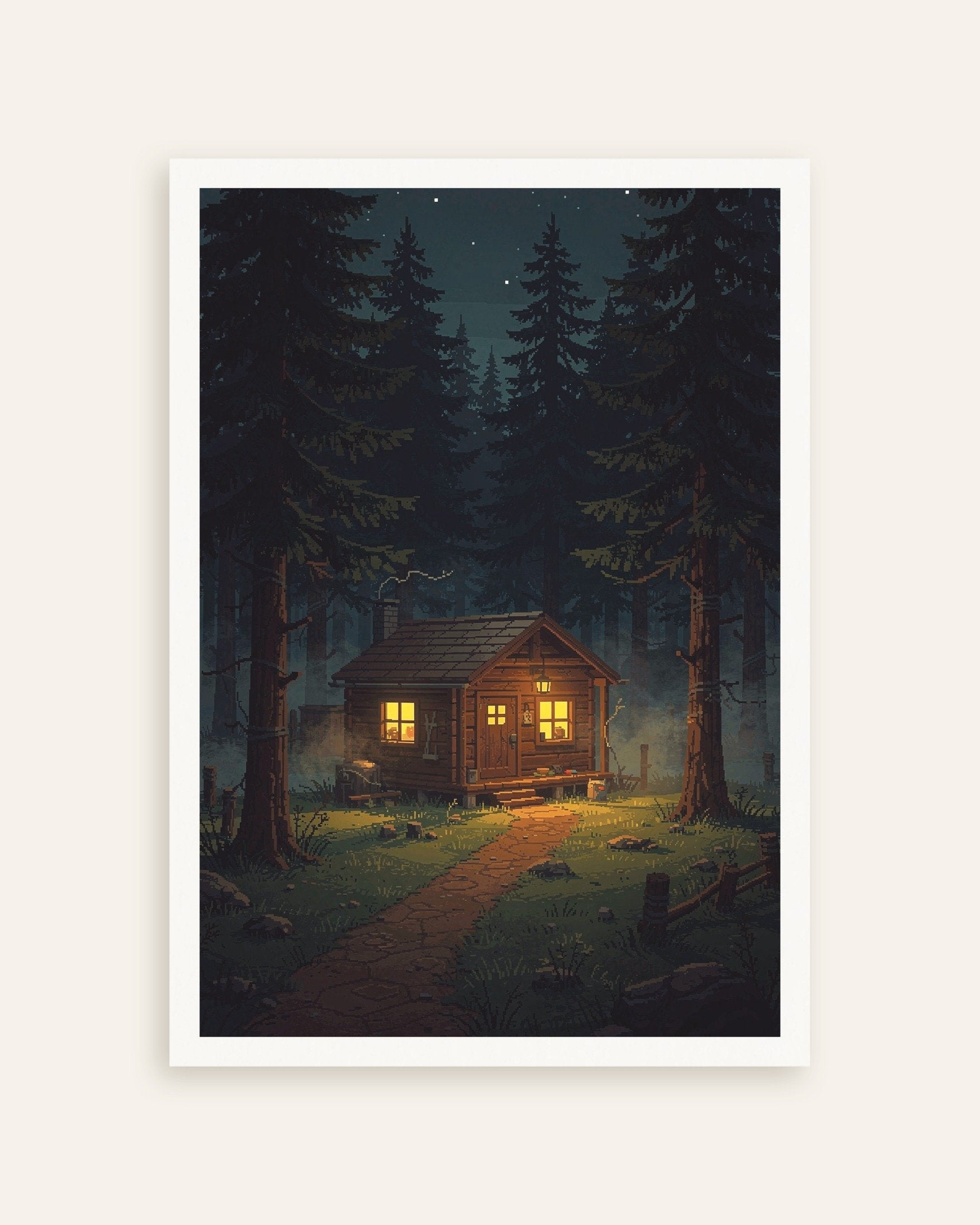 Poster of Cabin Glow in the Forest - Pixel Art Poster, thumbnail