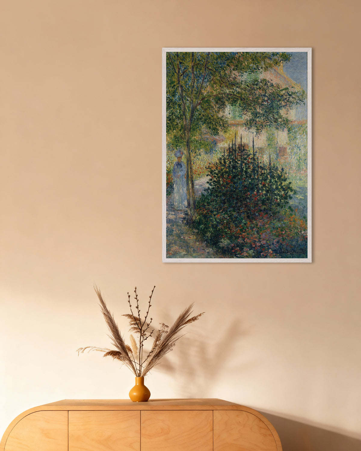 Poster of Camille Monet in the Garden at Argenteuil (1876) by Claude Monet, with white wooden frame