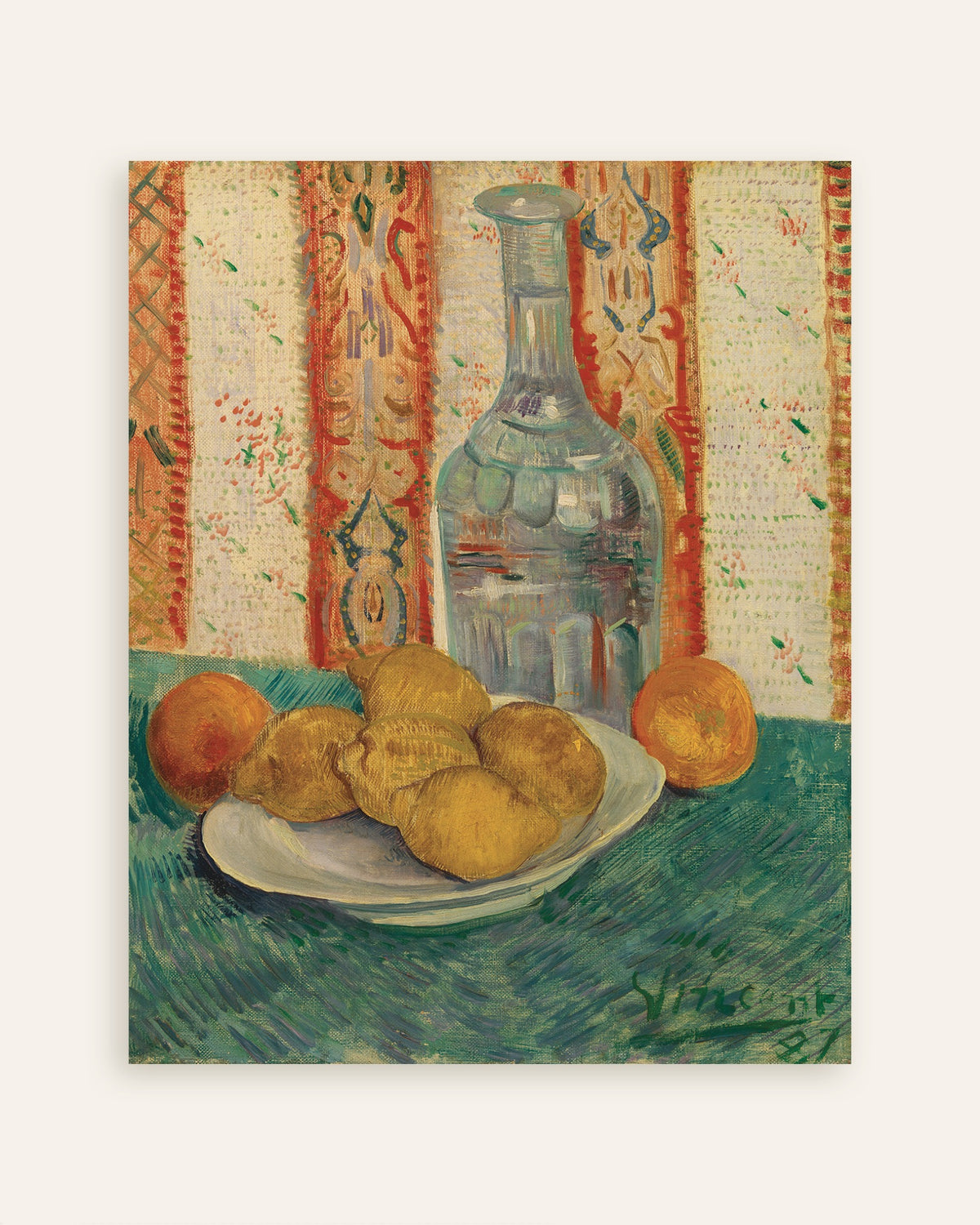 Poster of Carafe and Dish with Citrus Fruit (1887) by Vincent van Gogh, thumbnail