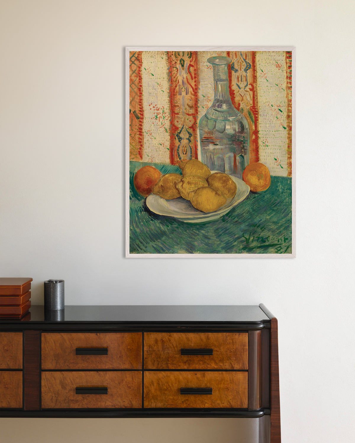 Poster of Carafe and Dish with Citrus Fruit (1887) by Vincent van Gogh, with white wooden frame