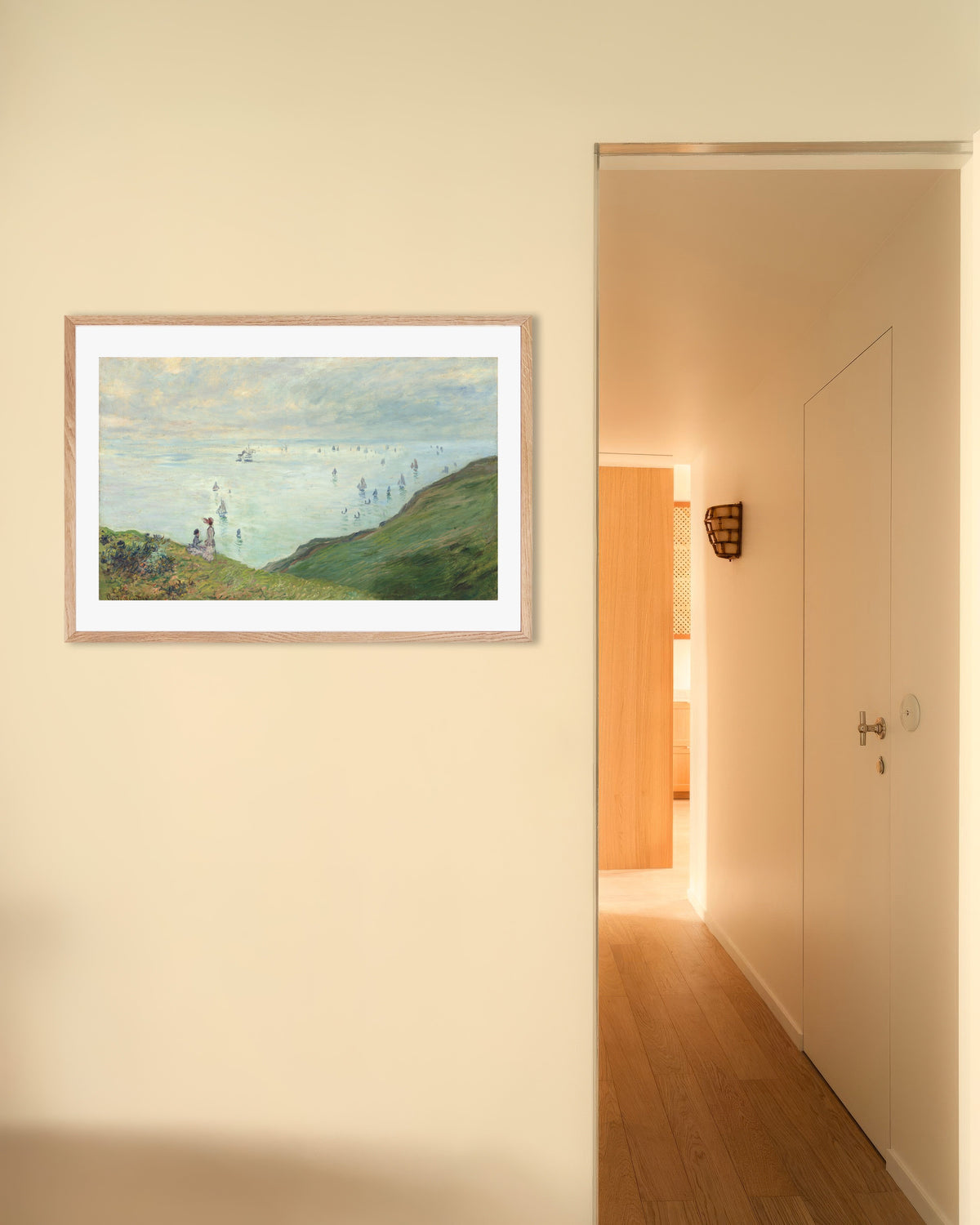 Poster of Cliffs at Pourville (1882) by Claude Monet, with natural wooden frame