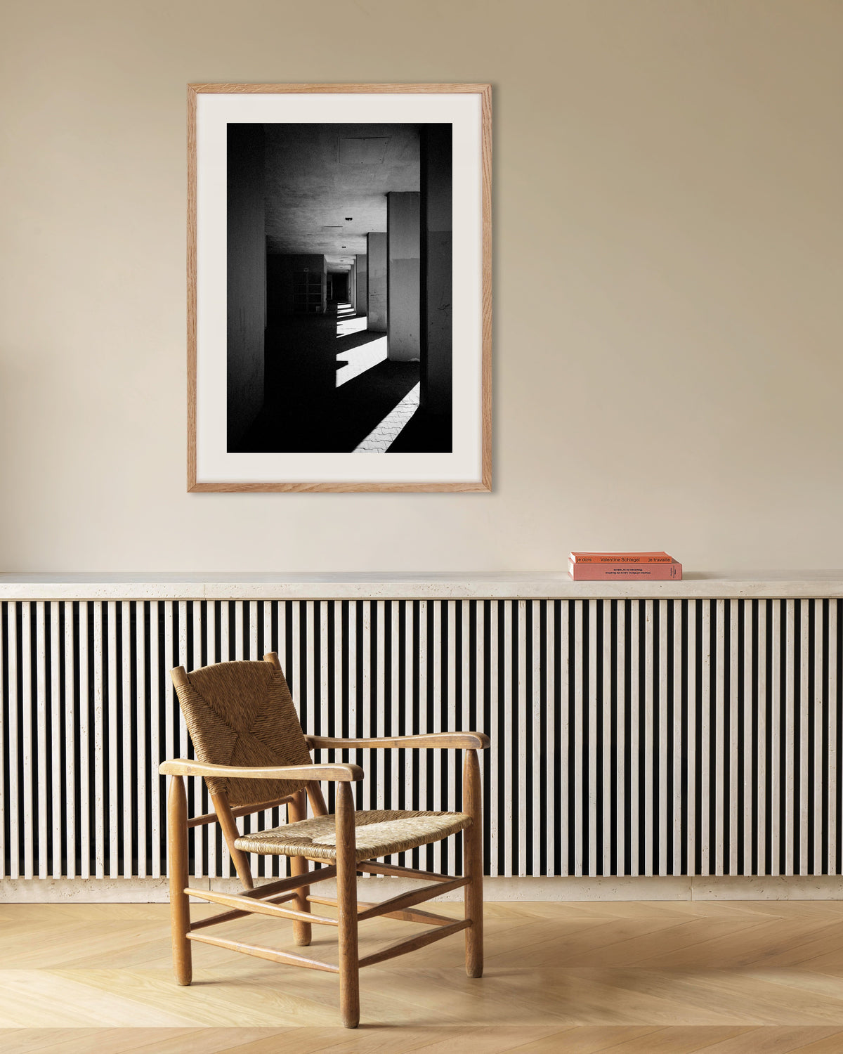 Poster of Colonnade With Sun Stripes, with natural wooden frame