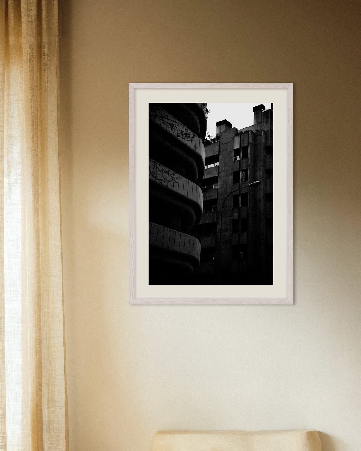 Poster of Curved Facade and Concrete Tower, with white wooden frame