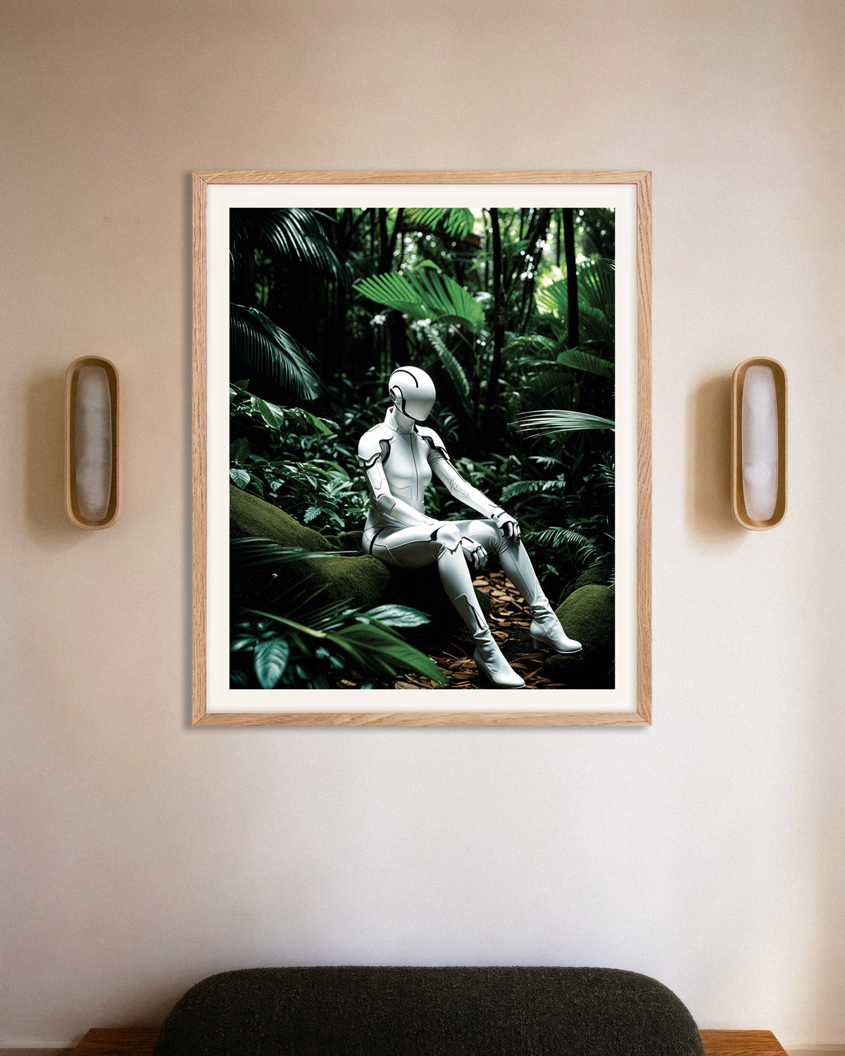 Poster of Cyborg in deep jungle, with natural wooden frame