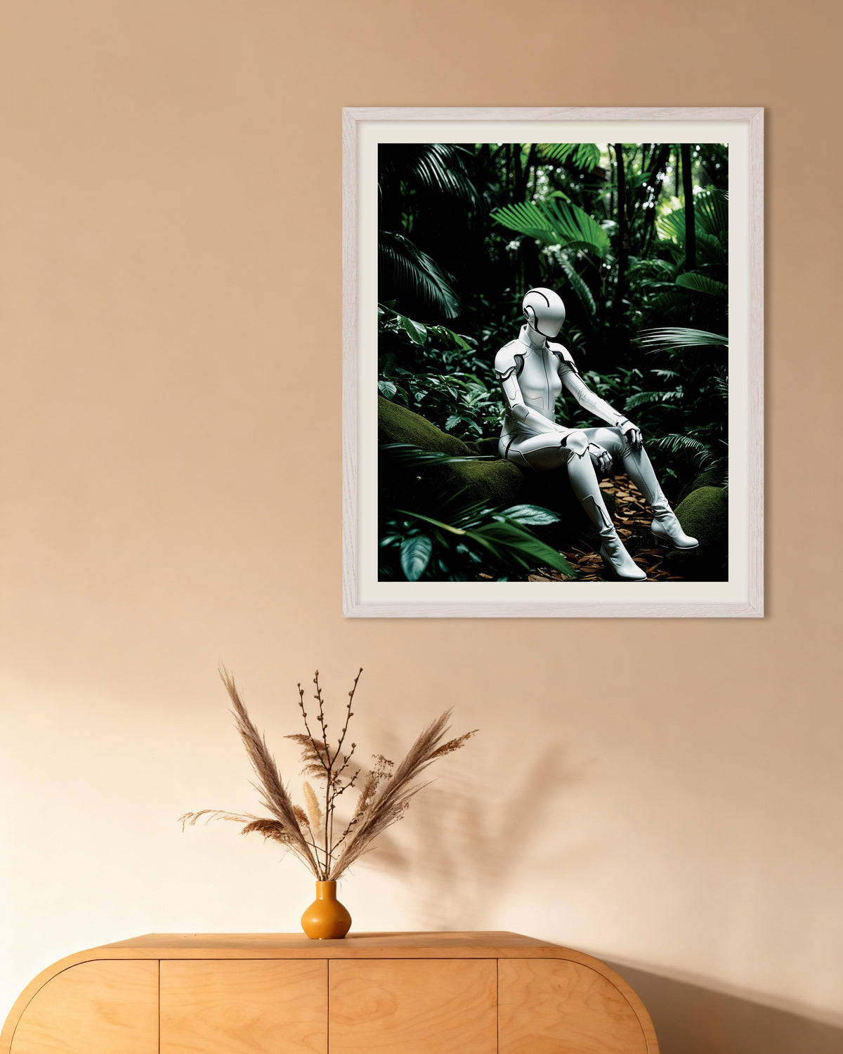Poster of Cyborg in deep jungle, with white wooden frame