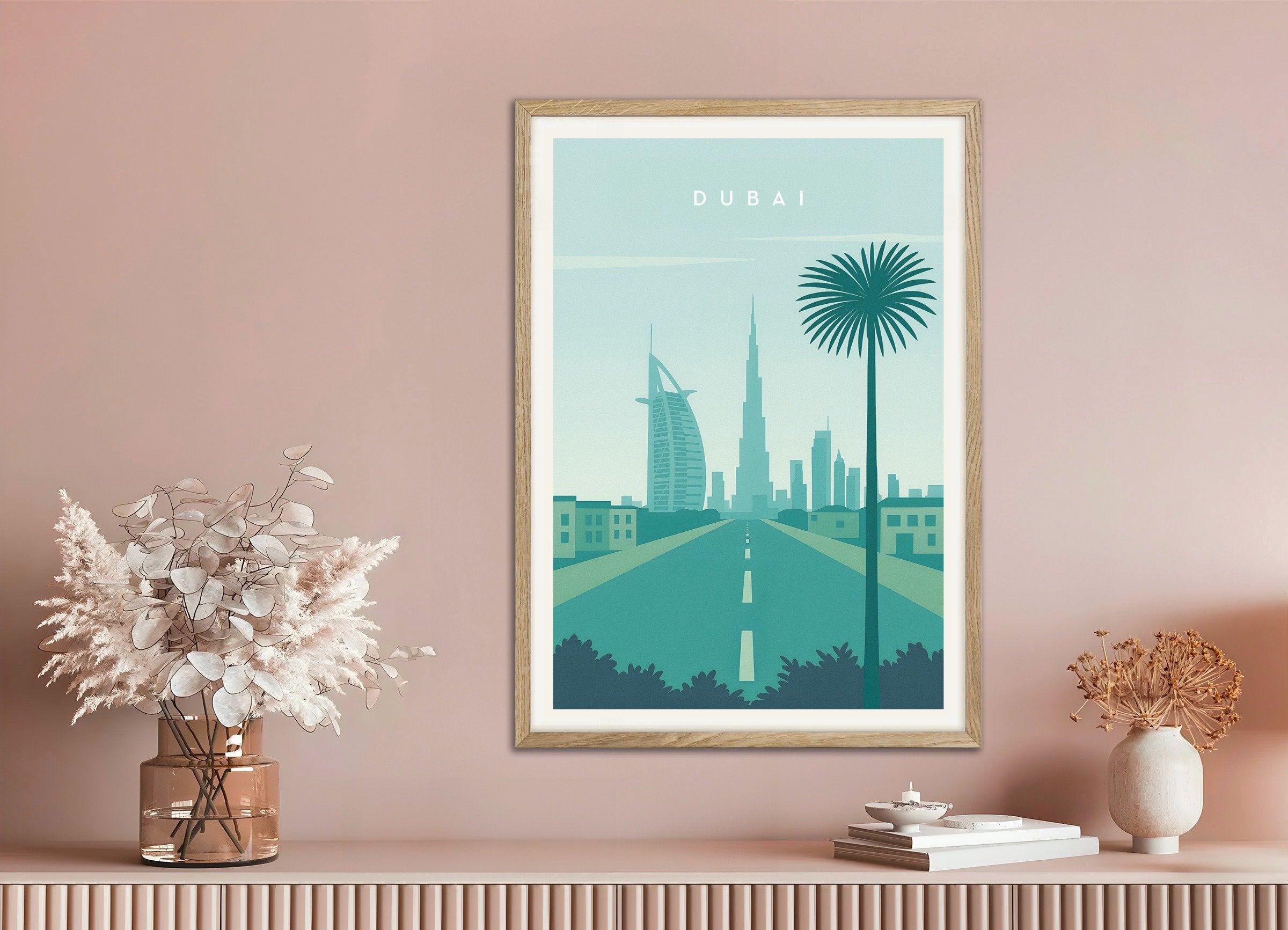 Poster of Dubai Skyline Wall Art Print, with natural wooden frame