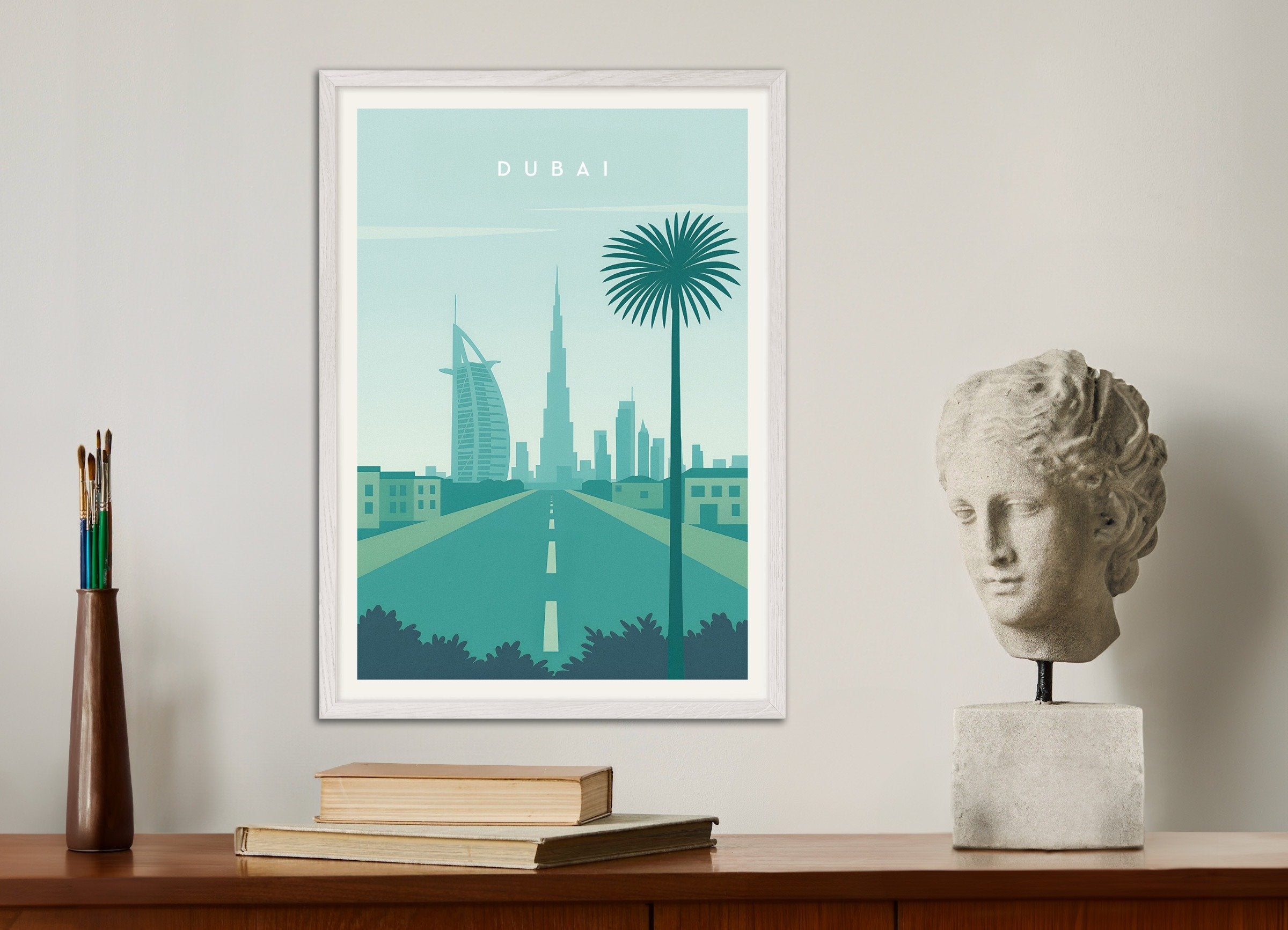 Poster of Dubai Skyline Wall Art Print, with white wooden frame