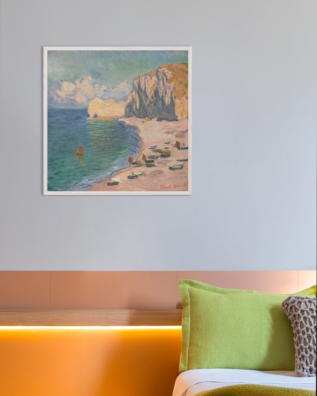Poster of Étretat, the Beach and the Falaise d'Amont (1885) by Claude Monet, with white wooden frame
