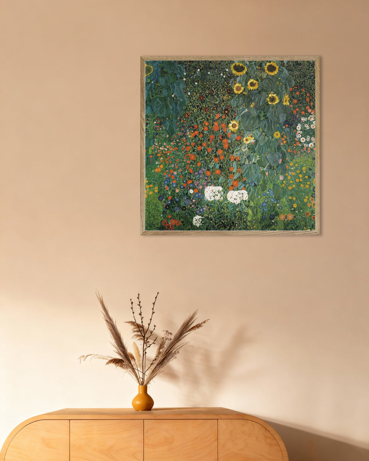 Poster of Farm Garden with Sunflowers (1907) by Gustav Klimt, with natural wooden frame