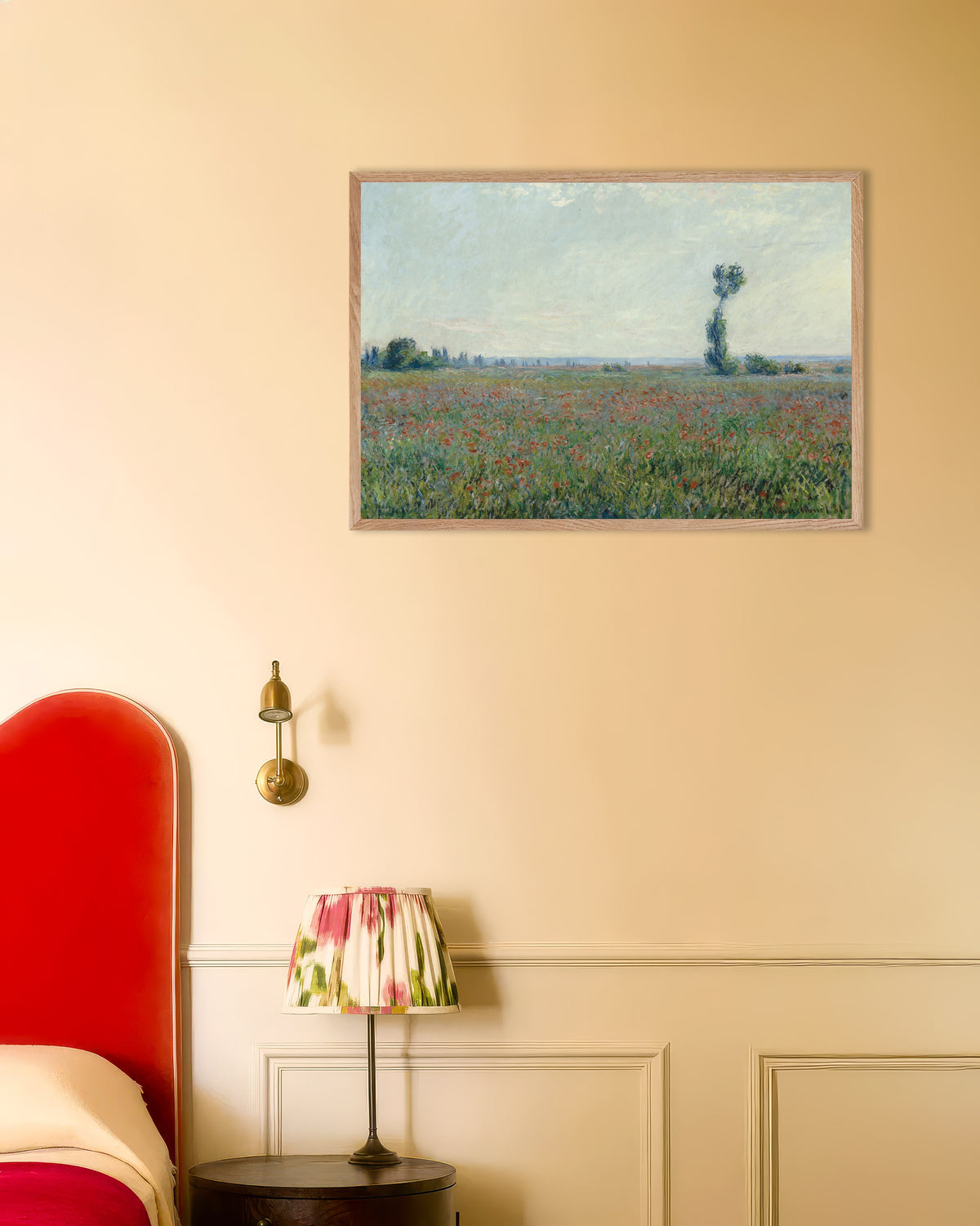 Poster of Field of Poppies by Claude Monet, with natural wooden frame