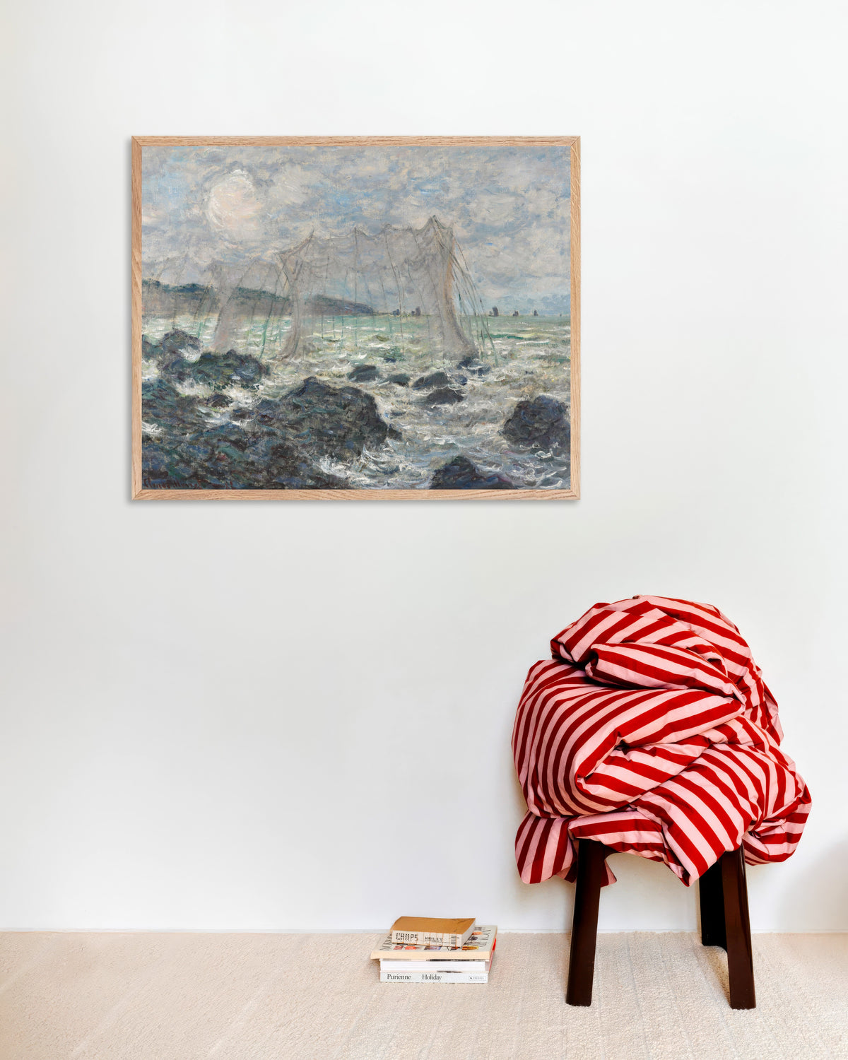 Poster of Fishing Nets at Pourville (1882) by Claude Monet, with natural wooden frame
