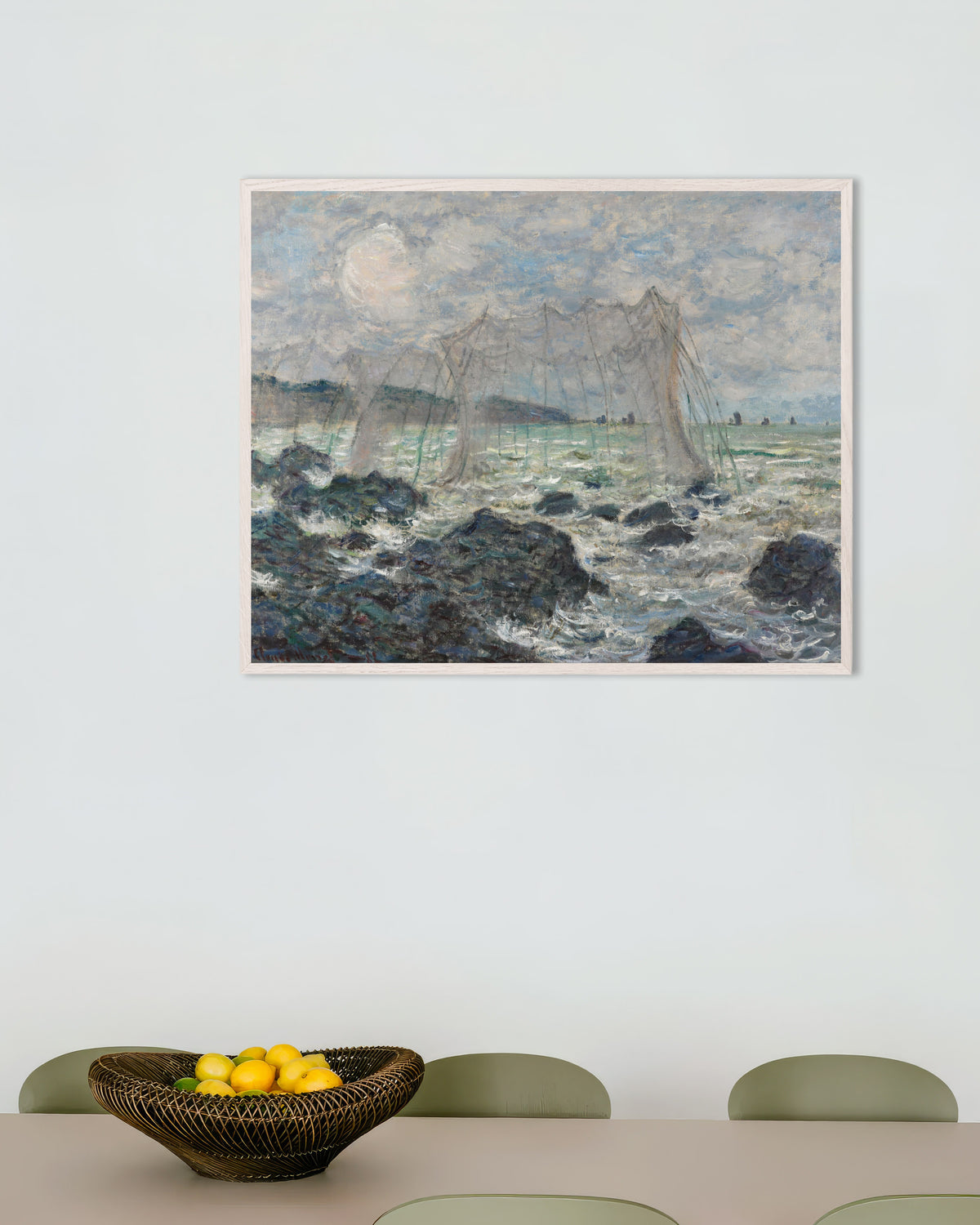 Poster of Fishing Nets at Pourville (1882) by Claude Monet, with white wooden frame