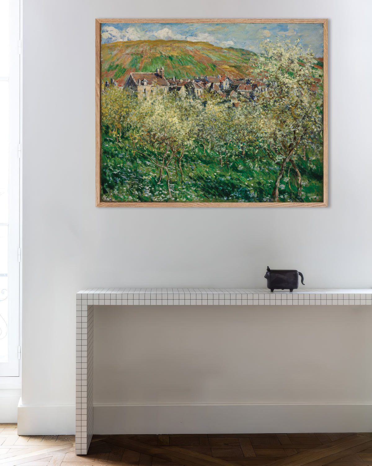 Poster of Flowering Plum Trees (1879) by Claude Monet, with natural wooden frame