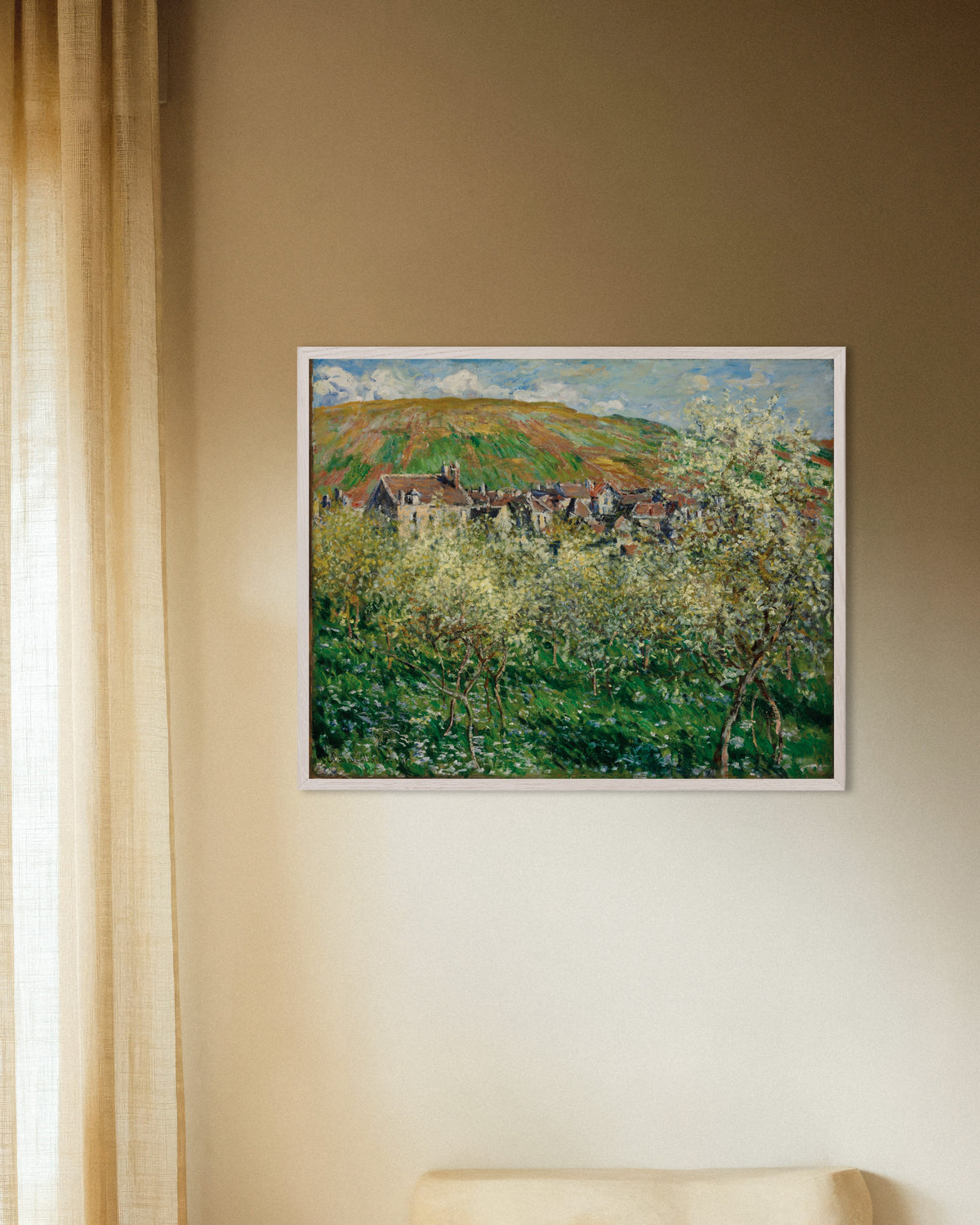 Poster of Flowering Plum Trees (1879) by Claude Monet, with white wooden frame
