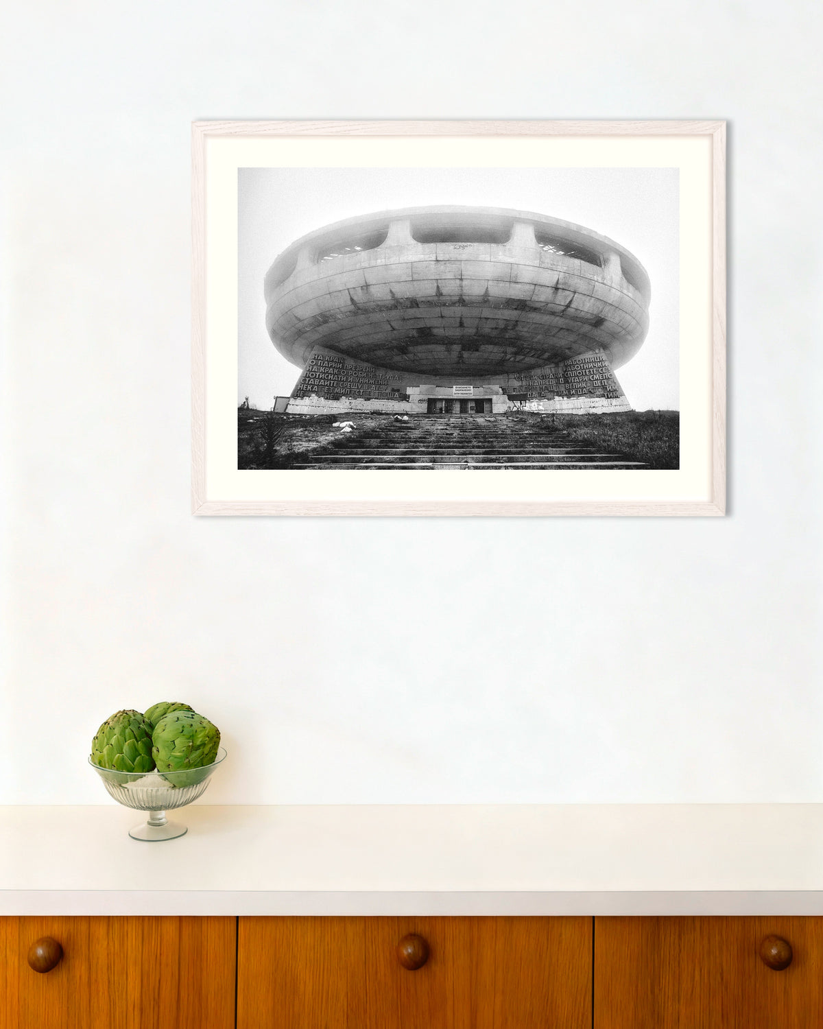 Poster of Flying Saucer Monument in the Fog, with white wooden frame
