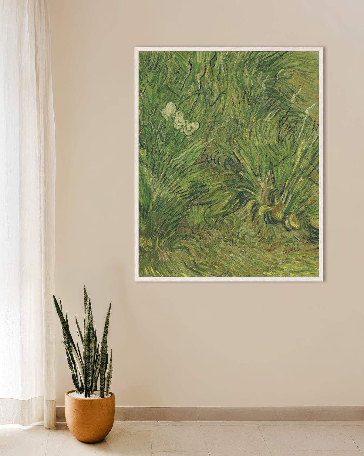 Poster of Garden with Butterflies (1889) by Vincent van Gogh, with white wooden frame