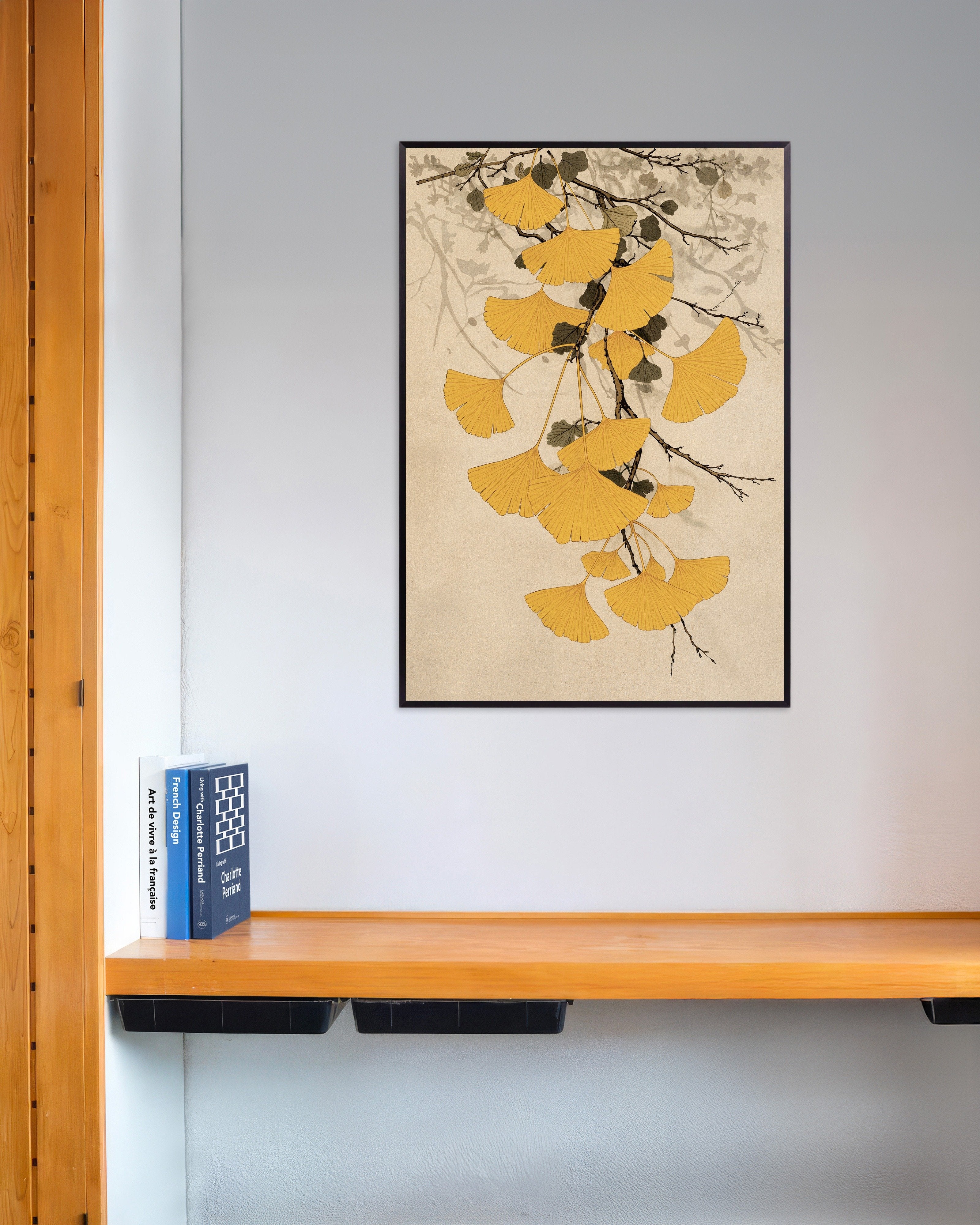 Poster of Ginkgo Biloba Branch Japanese Botanical Poster, with metal frame