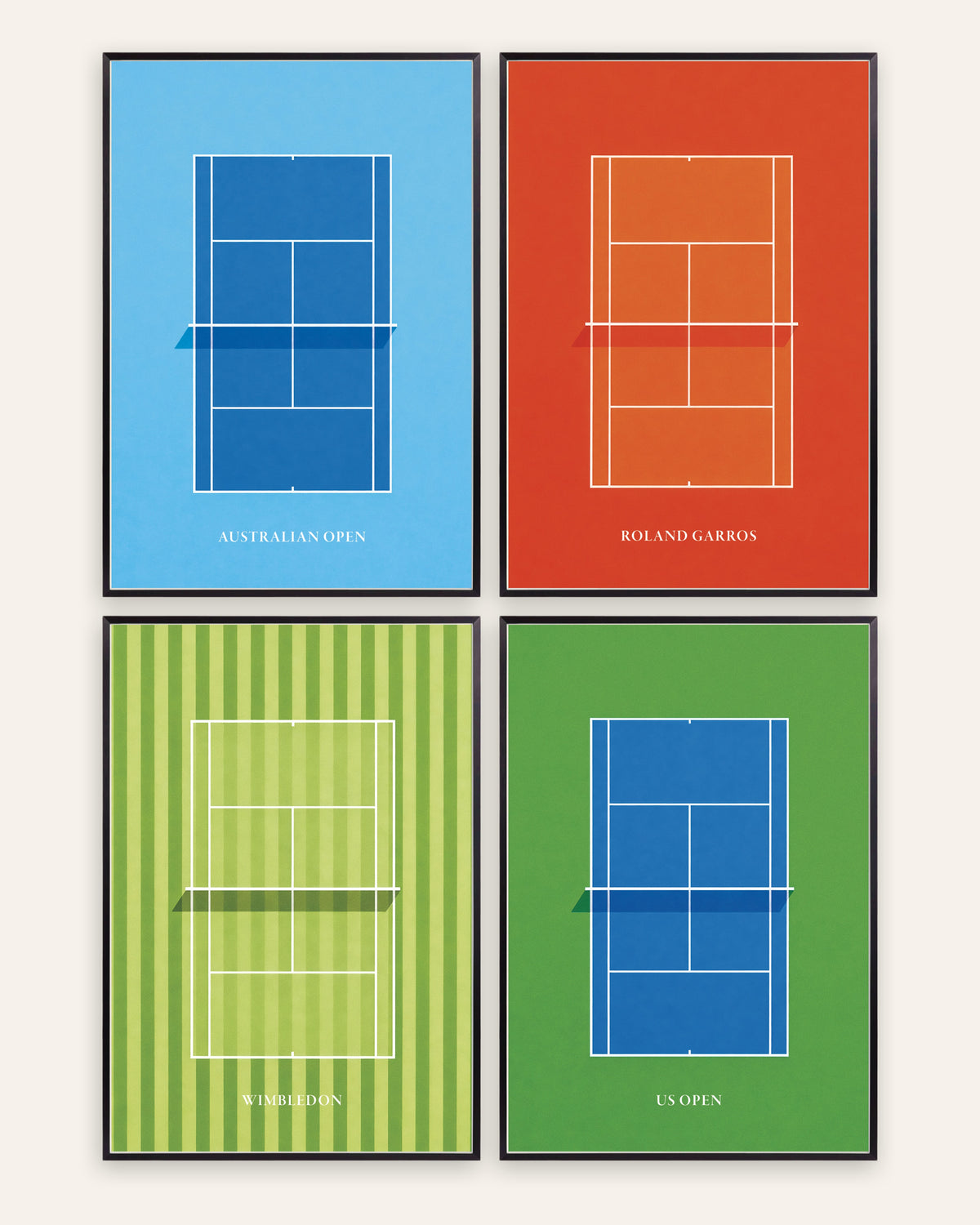 Grand Slam Tennis Posters Set of 4 – Australian Open, Roland Garros, Wimbledon & US Open, prints in black metal frames