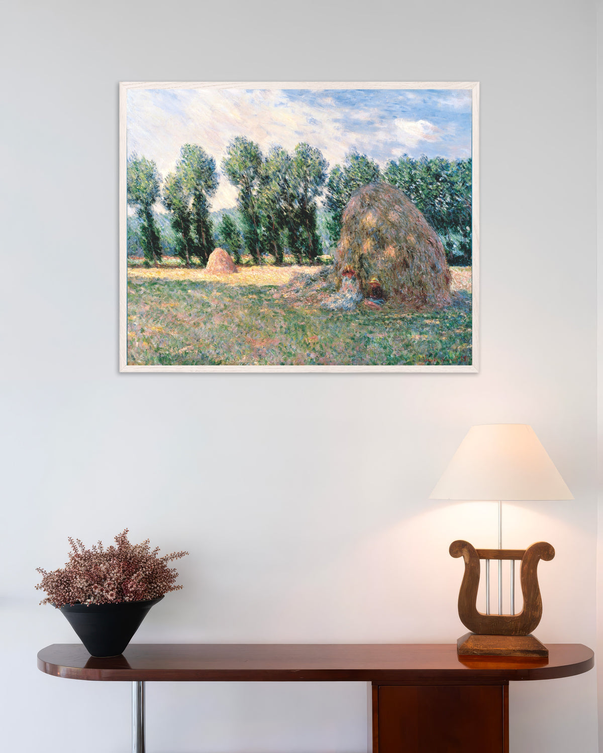 Poster of Haystacks (1885) by Claude Monet, with white wooden frame