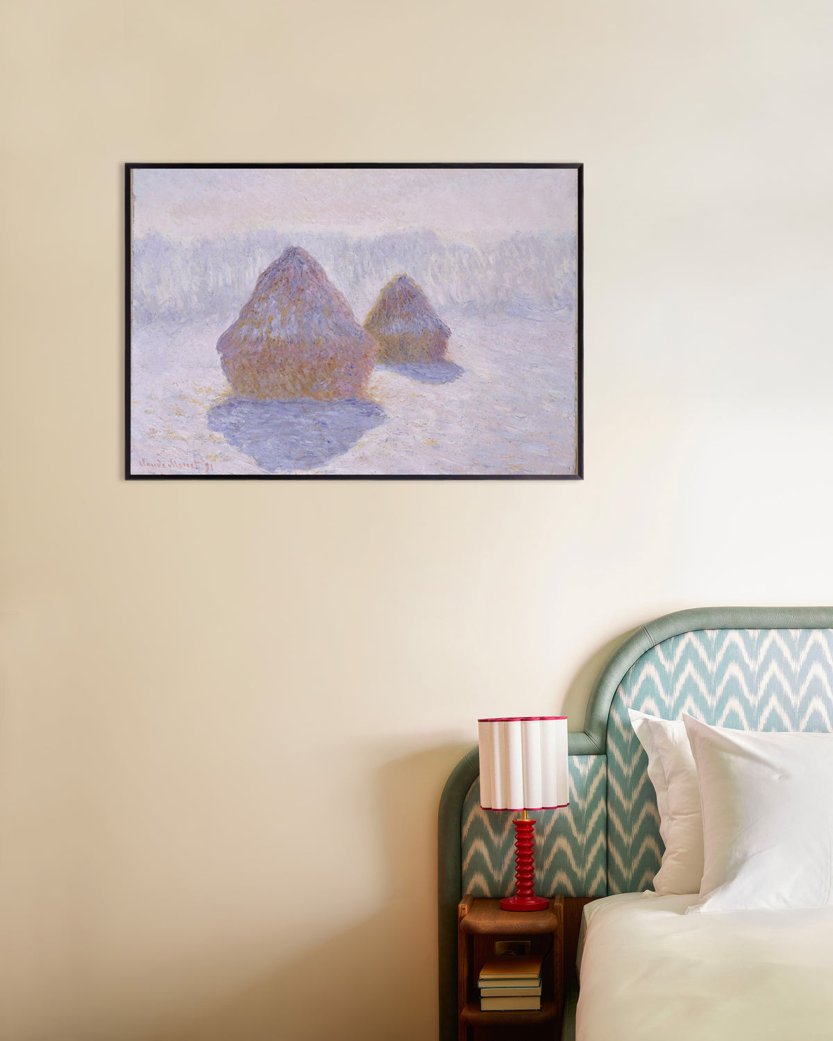 Poster of Haystacks, Effect of Snow and Sun (1891) by Claude Monet, with metal frame