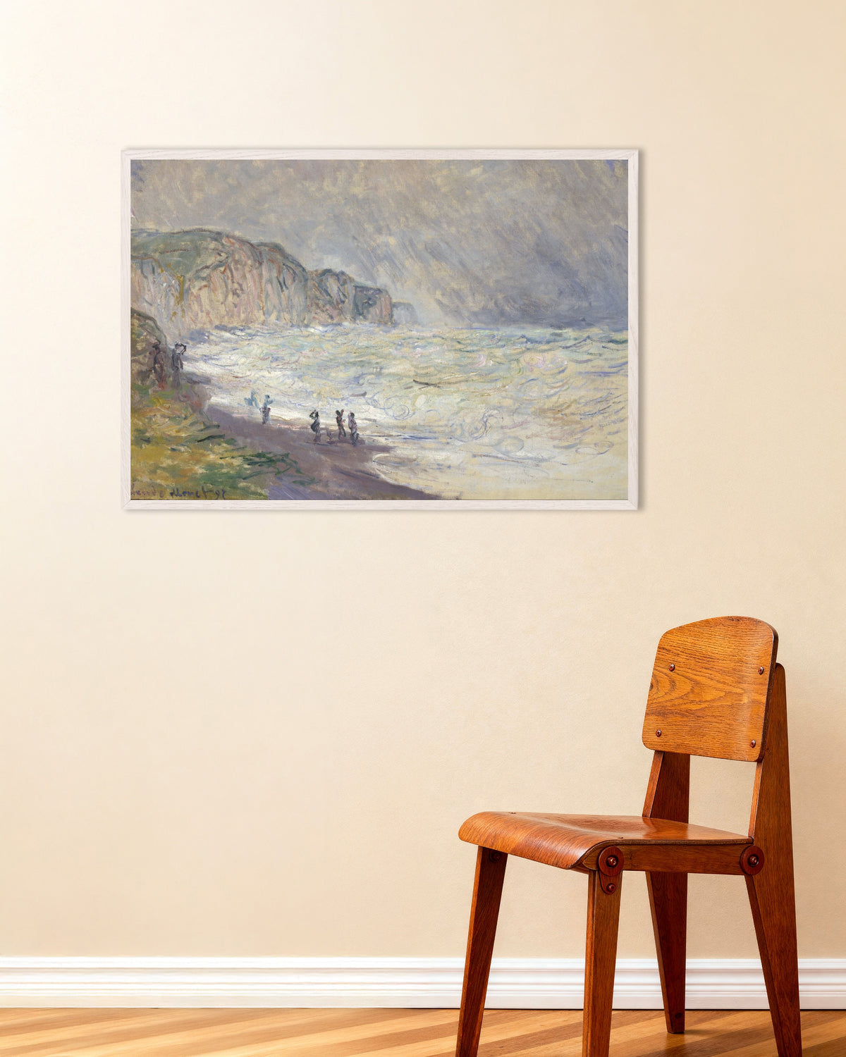 Poster of Heavy Sea at Pourville (1897) by Claude Monet, with white wooden frame