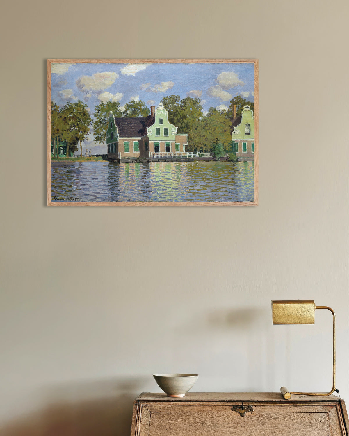 Poster of Houses by the Bank of the River Zaan (1871) by Claude Monet, with natural wooden frame