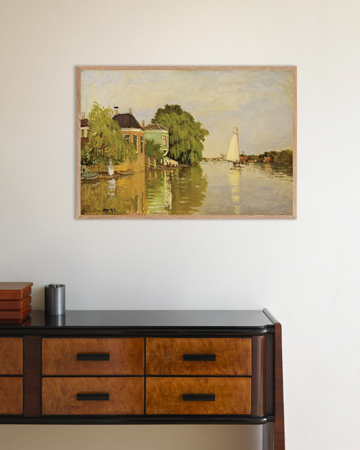 Poster of Houses on the Achterzaan (1871) by Claude Monet, with natural wooden frame