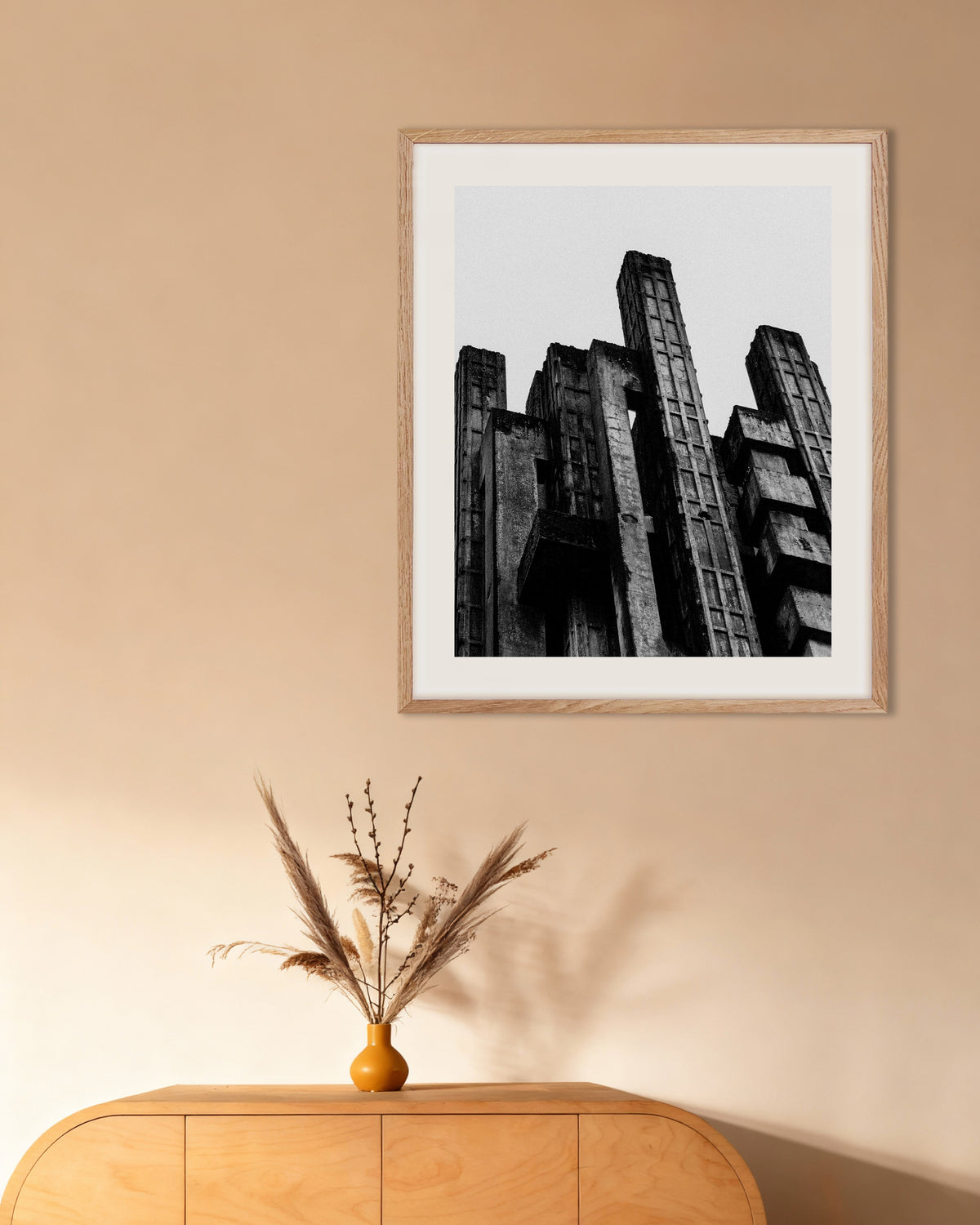 Poster of Jagged Concrete Towers, with natural wooden frame
