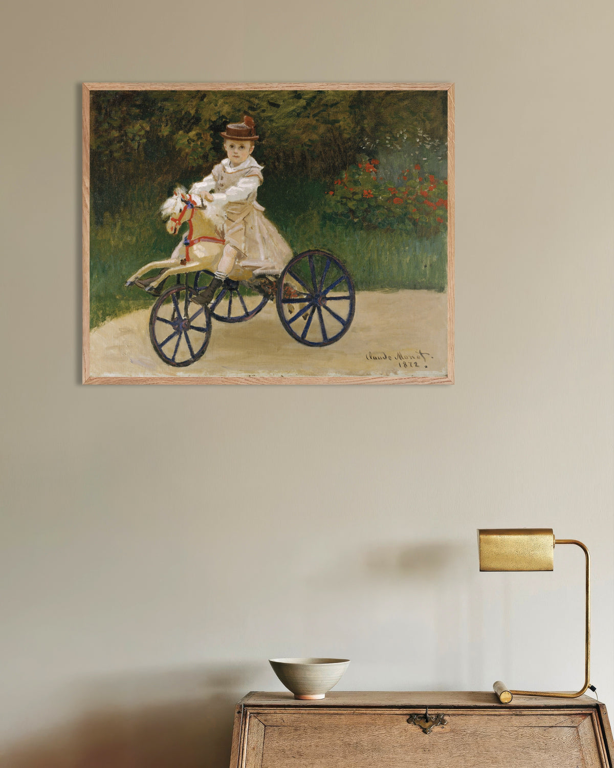 Poster of Jean Monet on His Hobby Horse (1872) by Claude Monet, with natural wooden frame