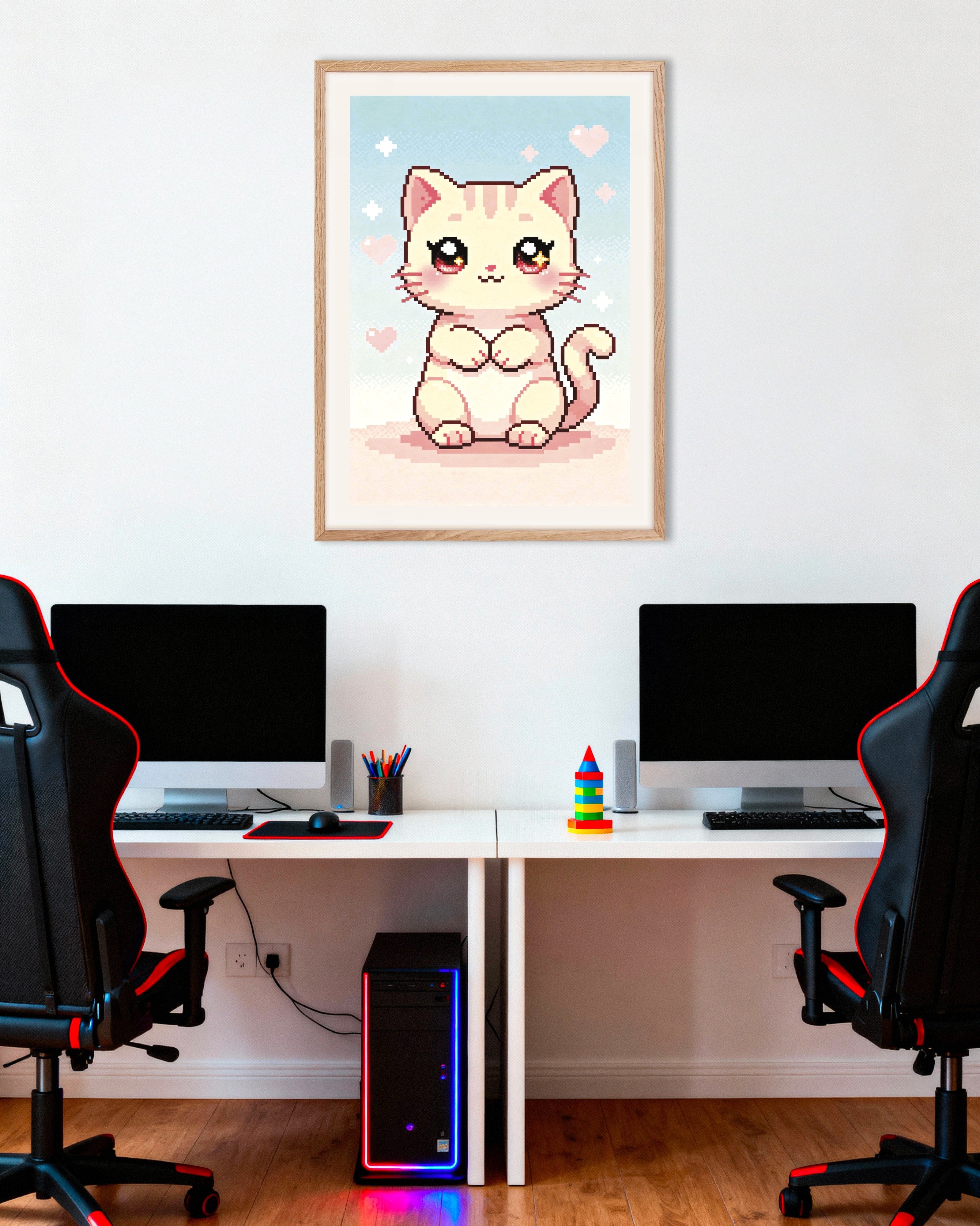 Poster of Kawaii Pixel Cat, with natural wooden frame