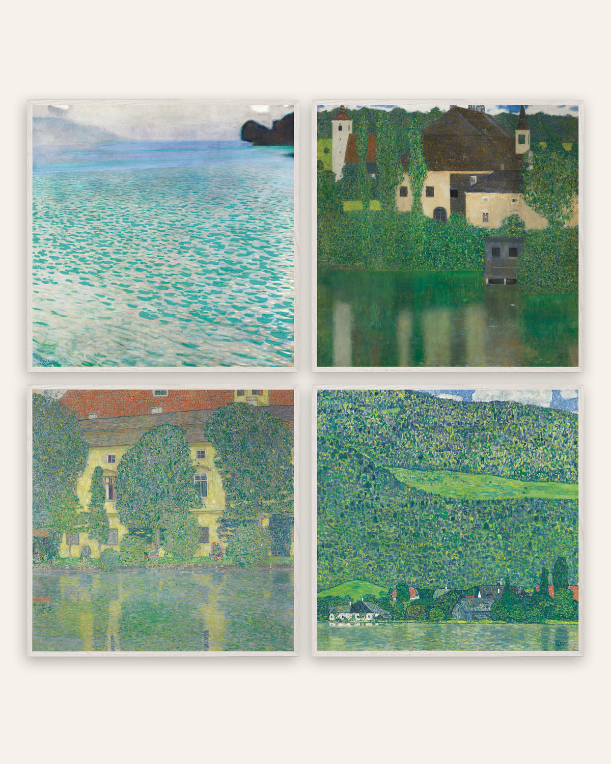 Klimt Attersee Prints Set of 4 – Lake, Water Castle, Schloss Kammer & Litzlberg, prints in white oak frames